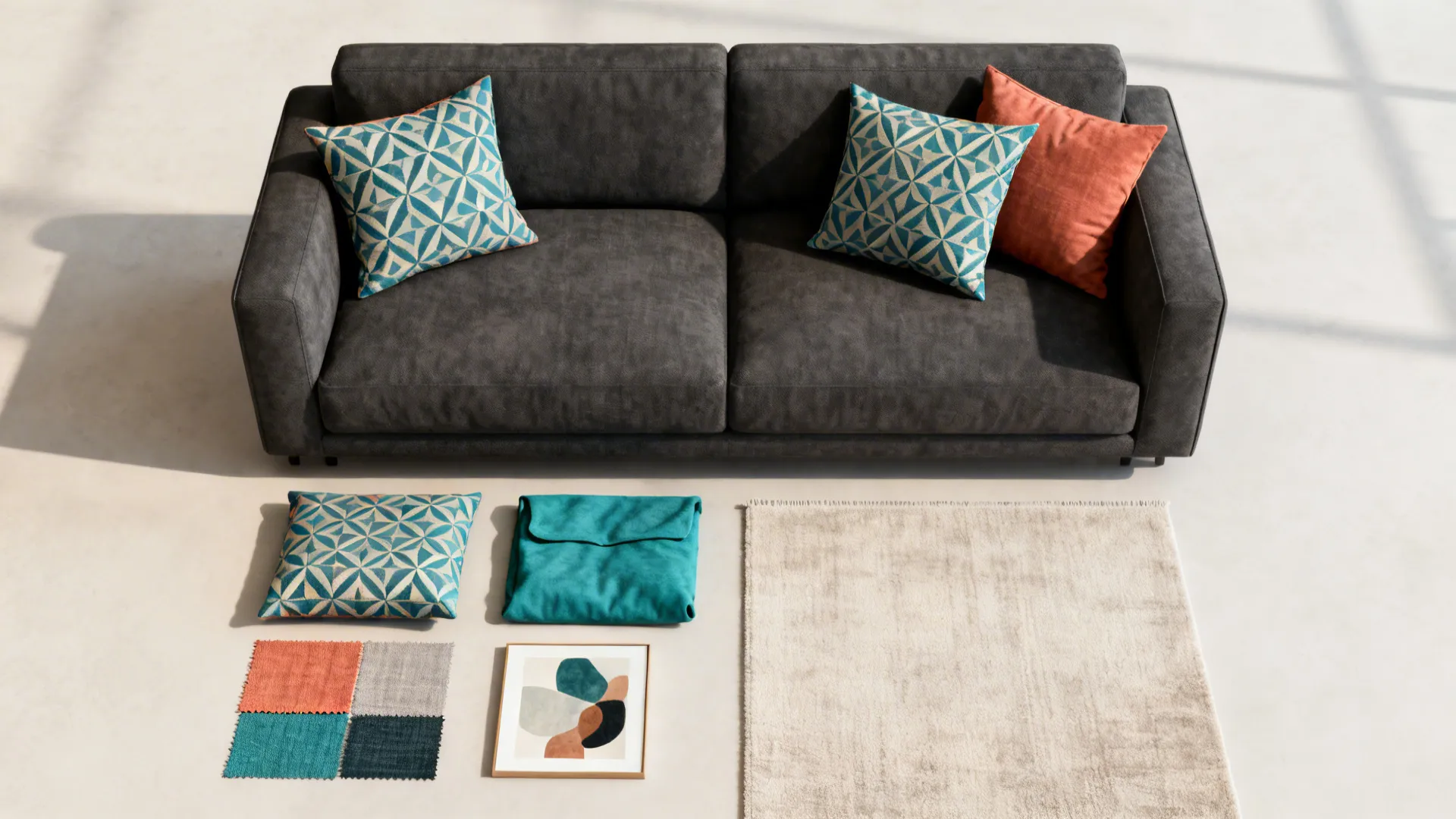 Top down view of grey sofa with patterned pillows, beige rug, fabric samples, and art