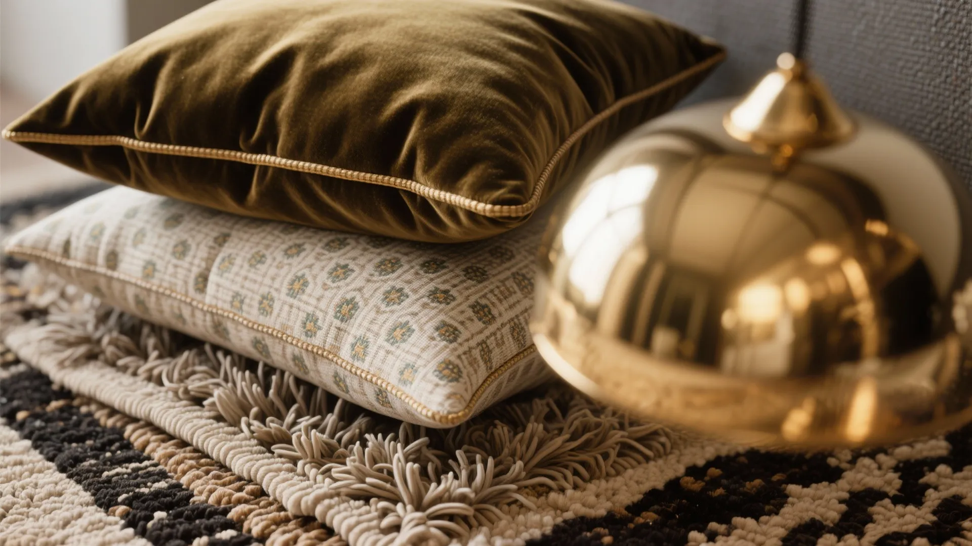 Close up of velvet and patterned cushions stacked on a rug with gold light fixture