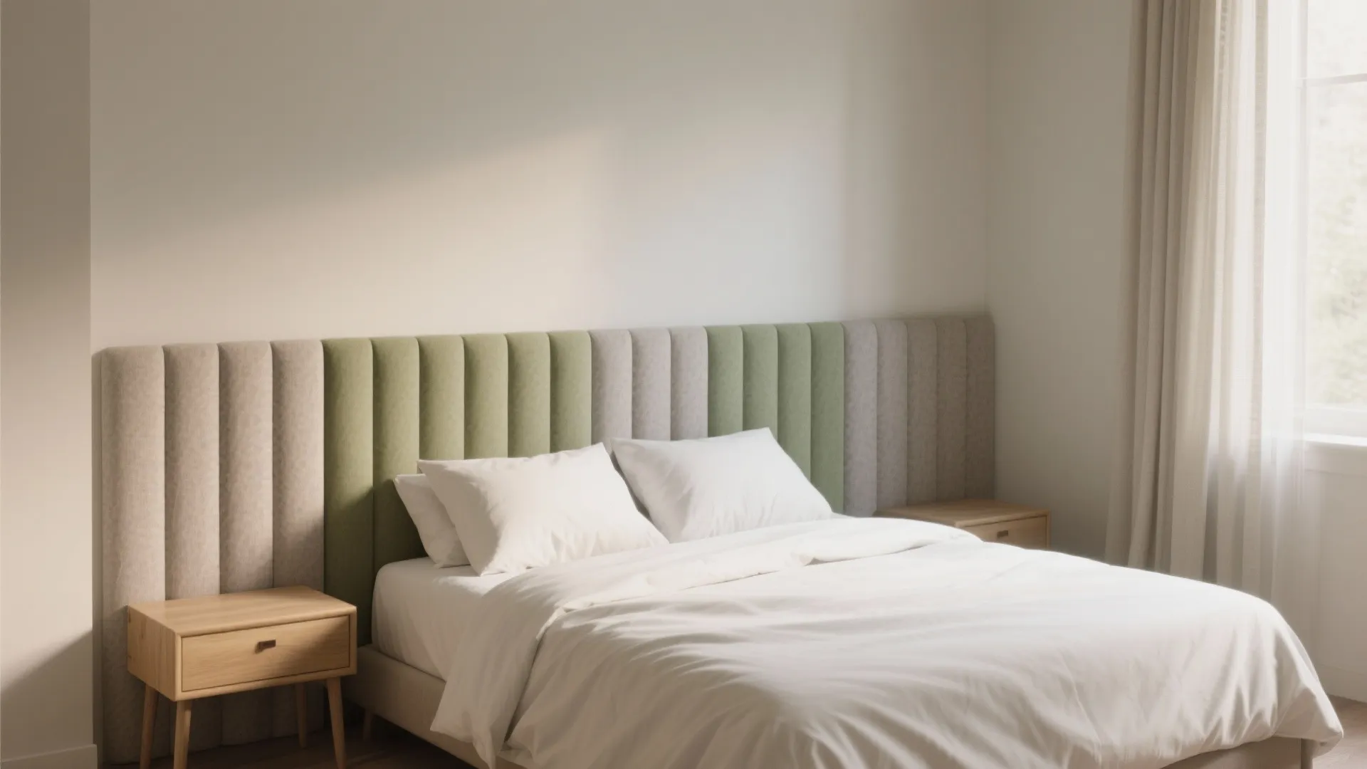 Modern bedroom with colorful vertical wall panel headboard, white bedding, wooden nightstands, and natural light