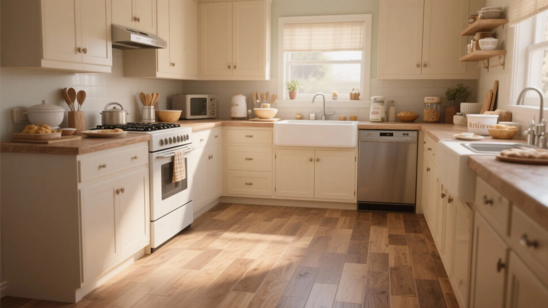 Traditional cream kitchen with wood flooring white stove dishwasher large sink and light wood counters