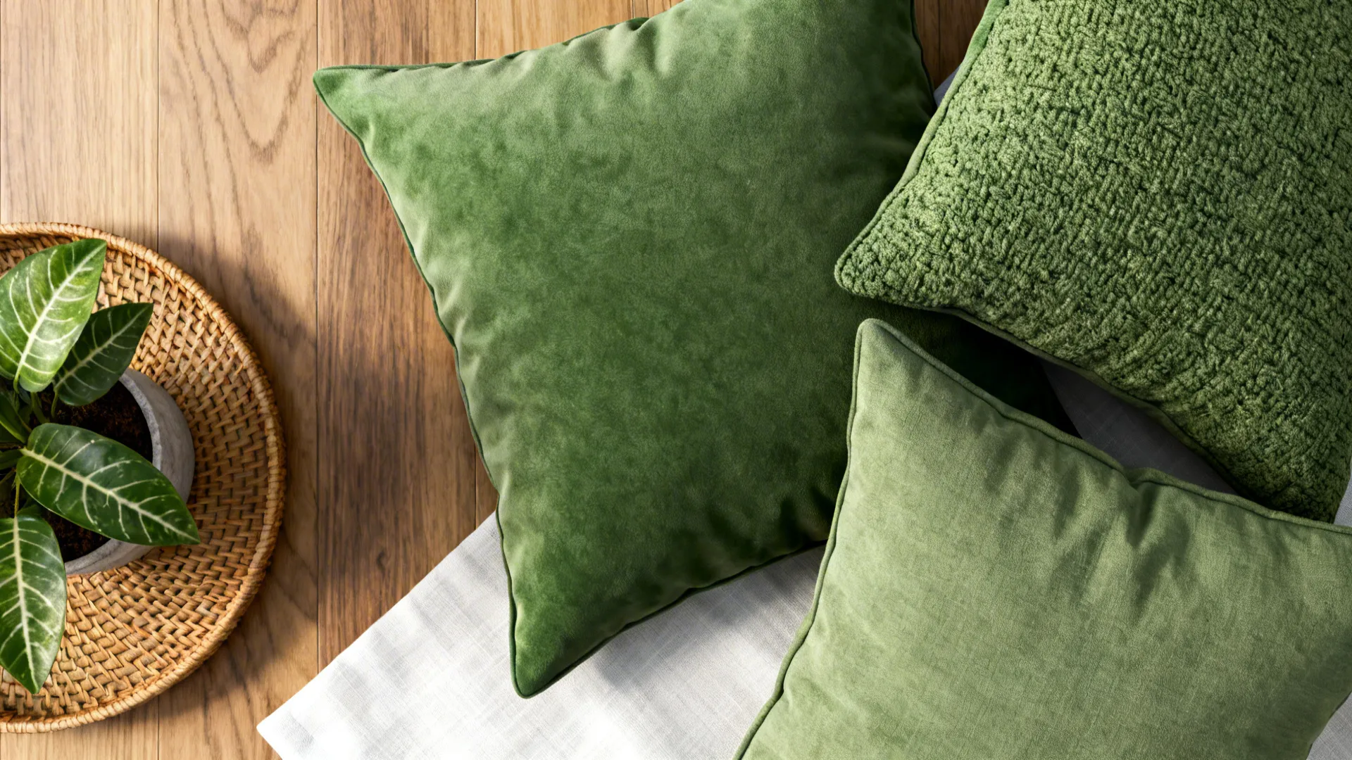 Three green cushions, rattan tray with plant and white linen detail