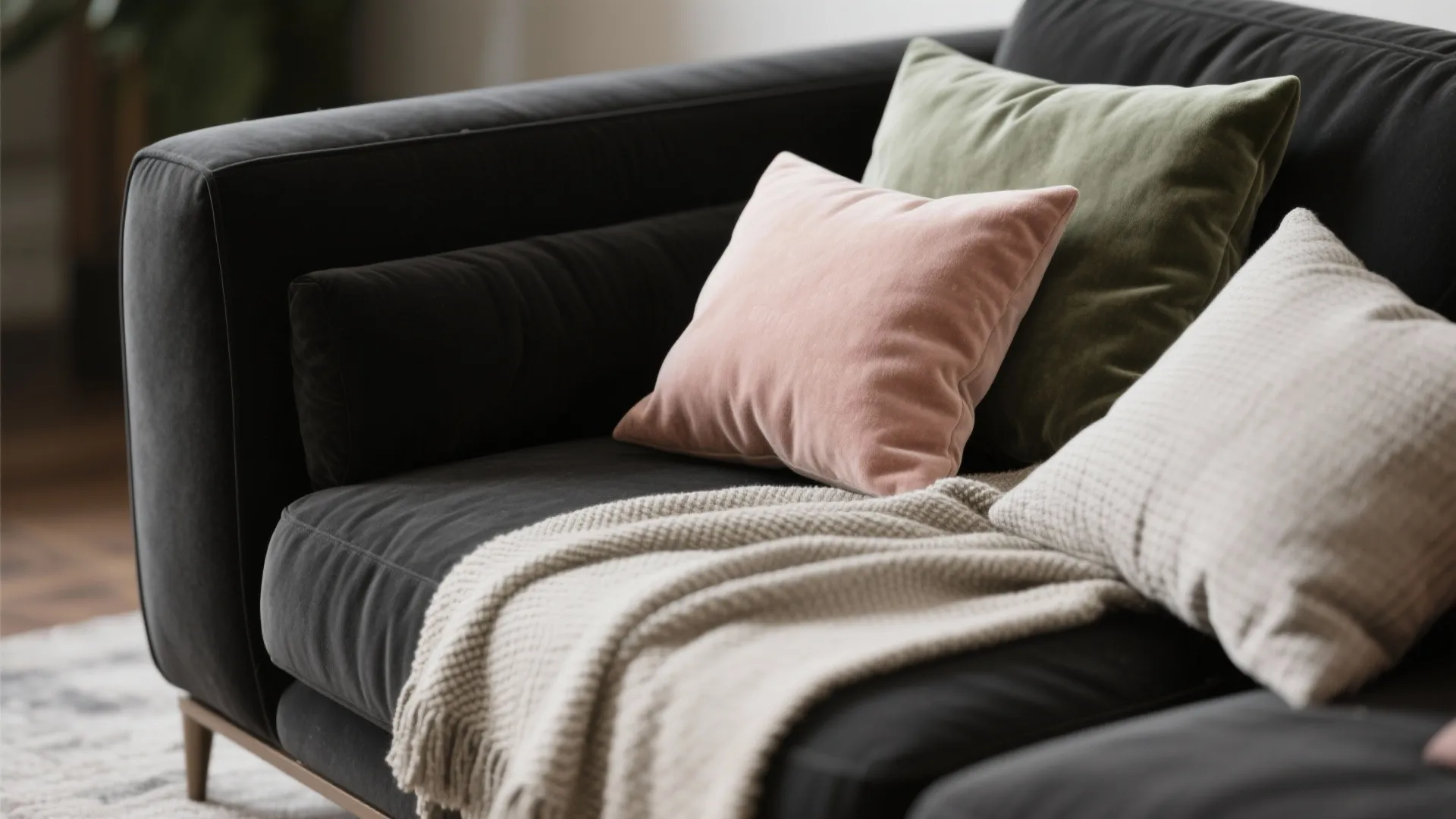 Close up of colorful pillows and a beige knitted blanket on a dark grey sofa
