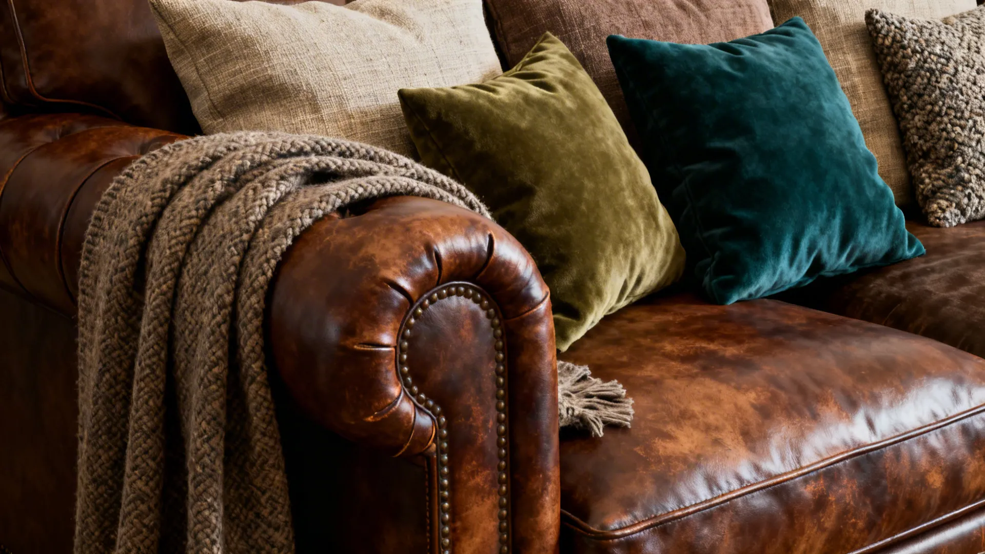 Close-up of mixed linen, boucle, and velvet cushions and a throw on a brown leather sofa.