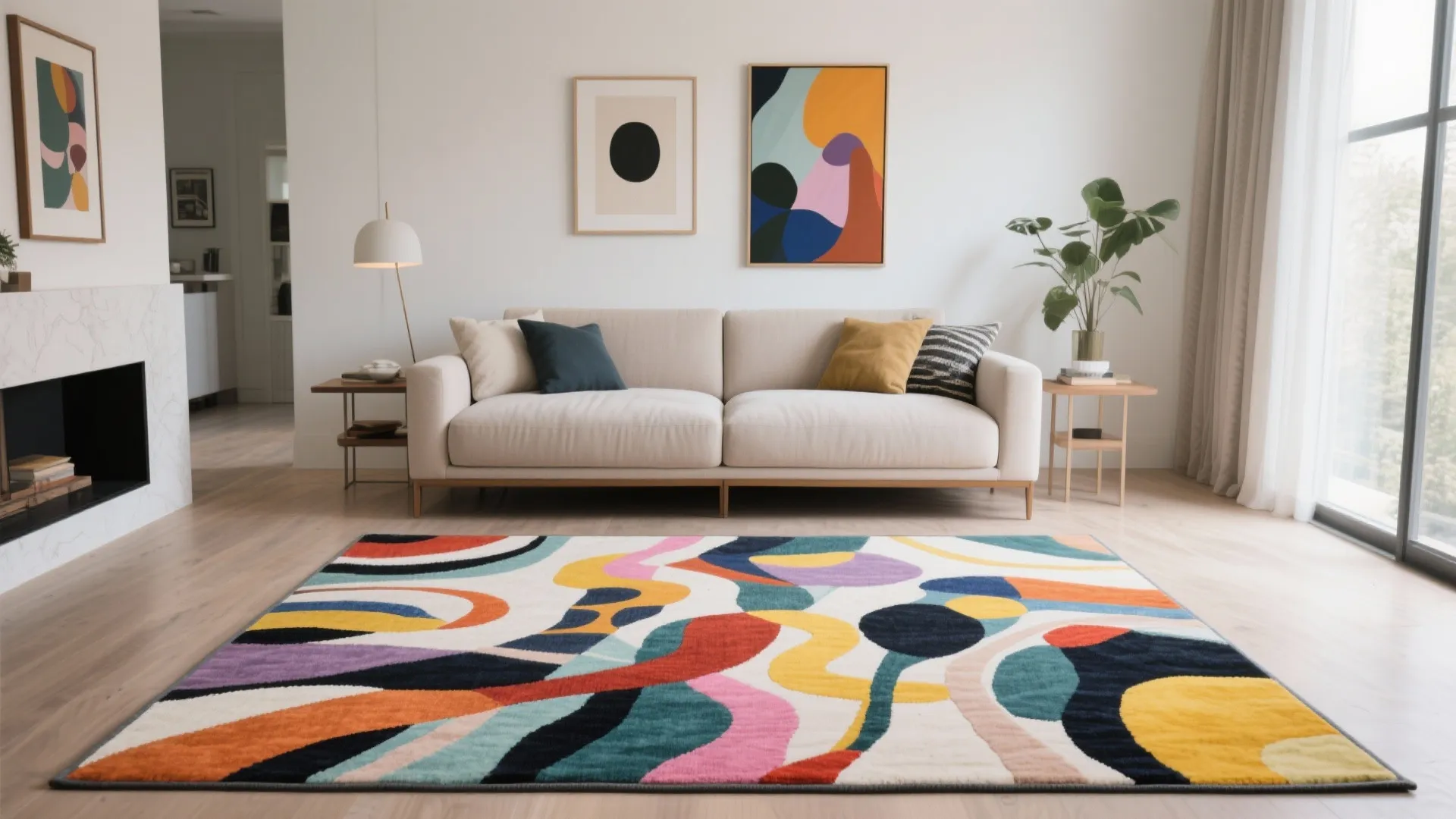 Contemporary living room with white sofa and colorful abstract pattern rug on light wood floor
