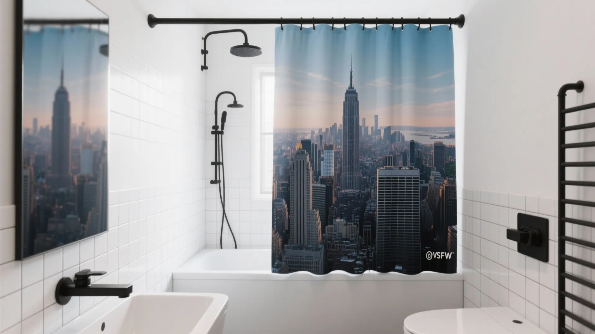 White bathroom interior with city skyline printed shower curtain black light fixture and white bathtub