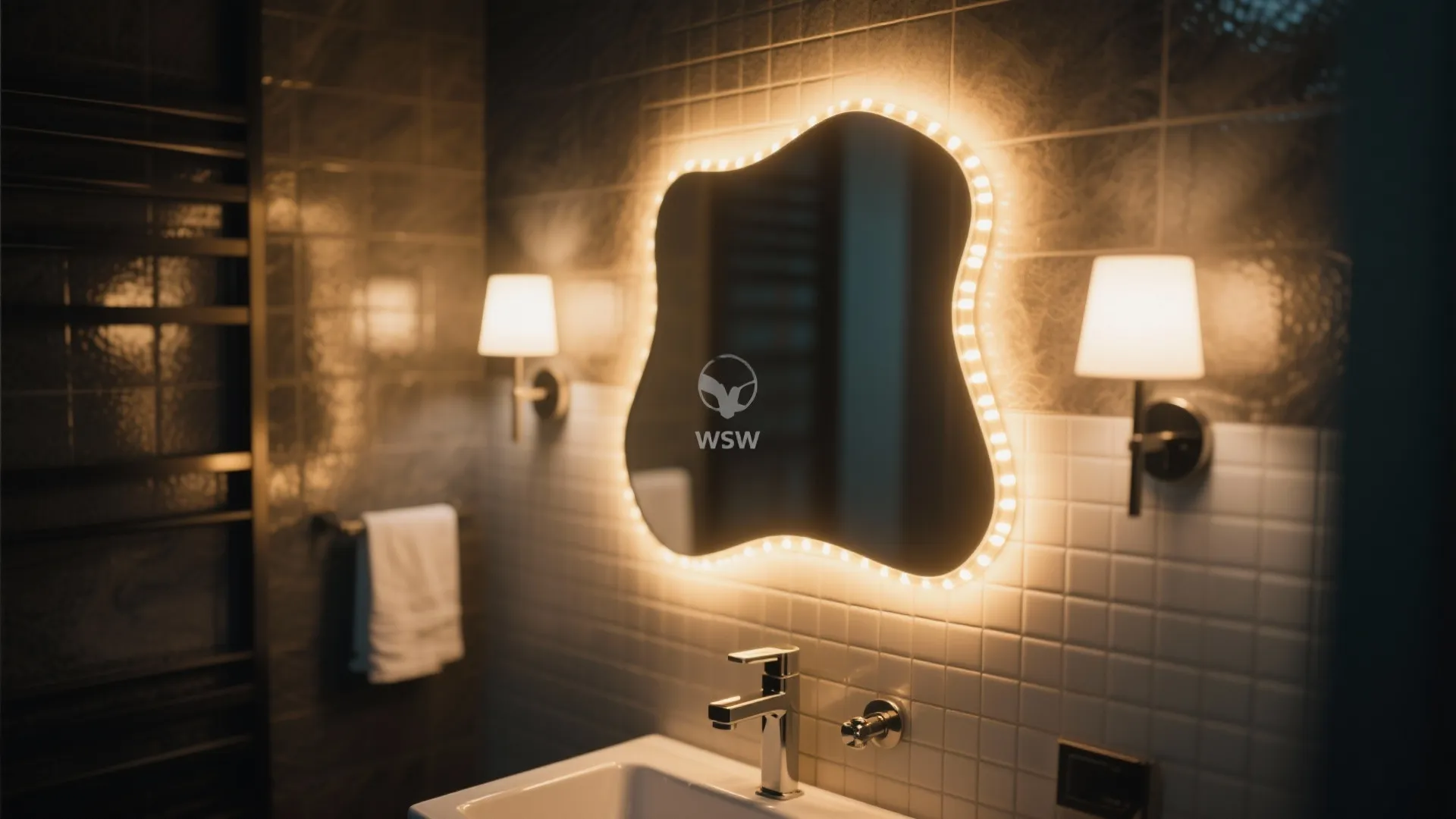 LED strip lighting follows irregular bathroom wall outline