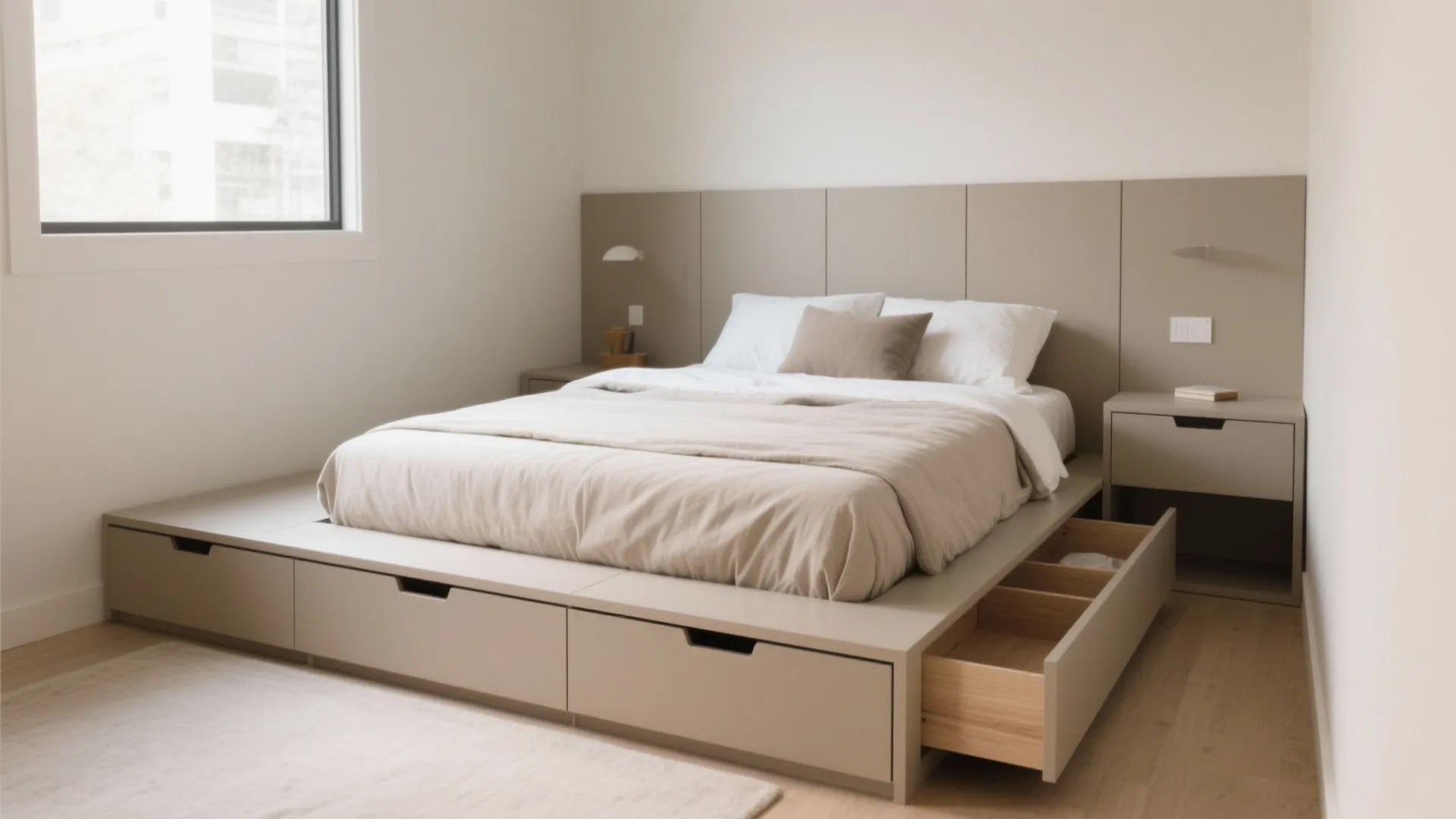 Custom bed frame with storage in a small bedroom