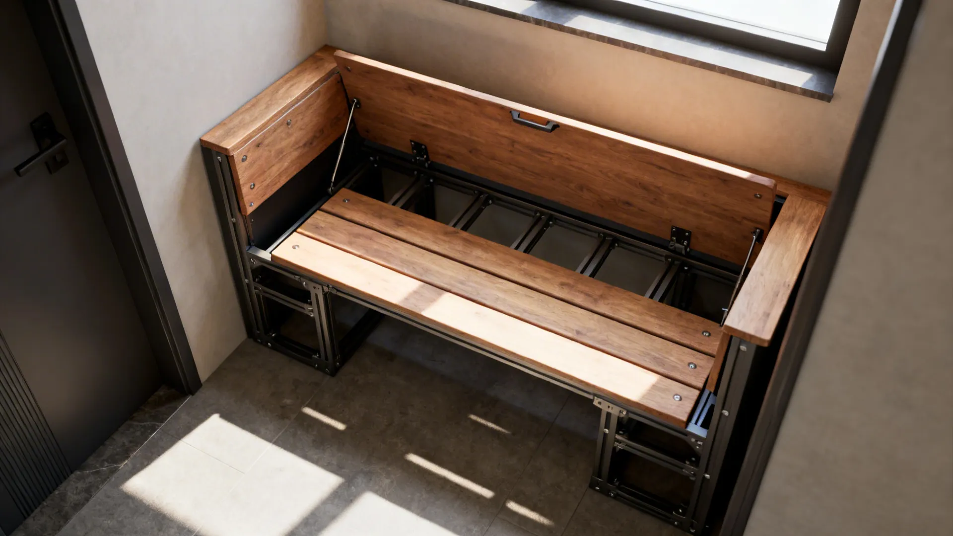 Top-down view of a custom bench-chair hybrid with internal reinforcement and storage in a small nook.