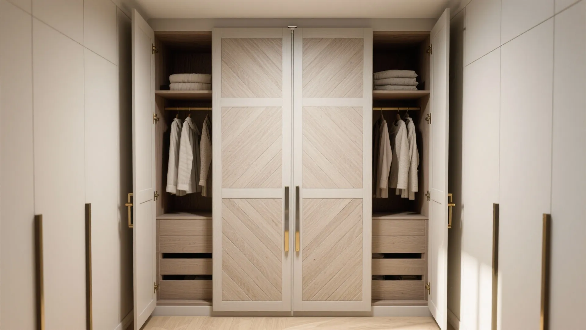 Modern bi-fold closet doors with custom laminate panels matching cabinetry and folding neatly to reveal shelving.