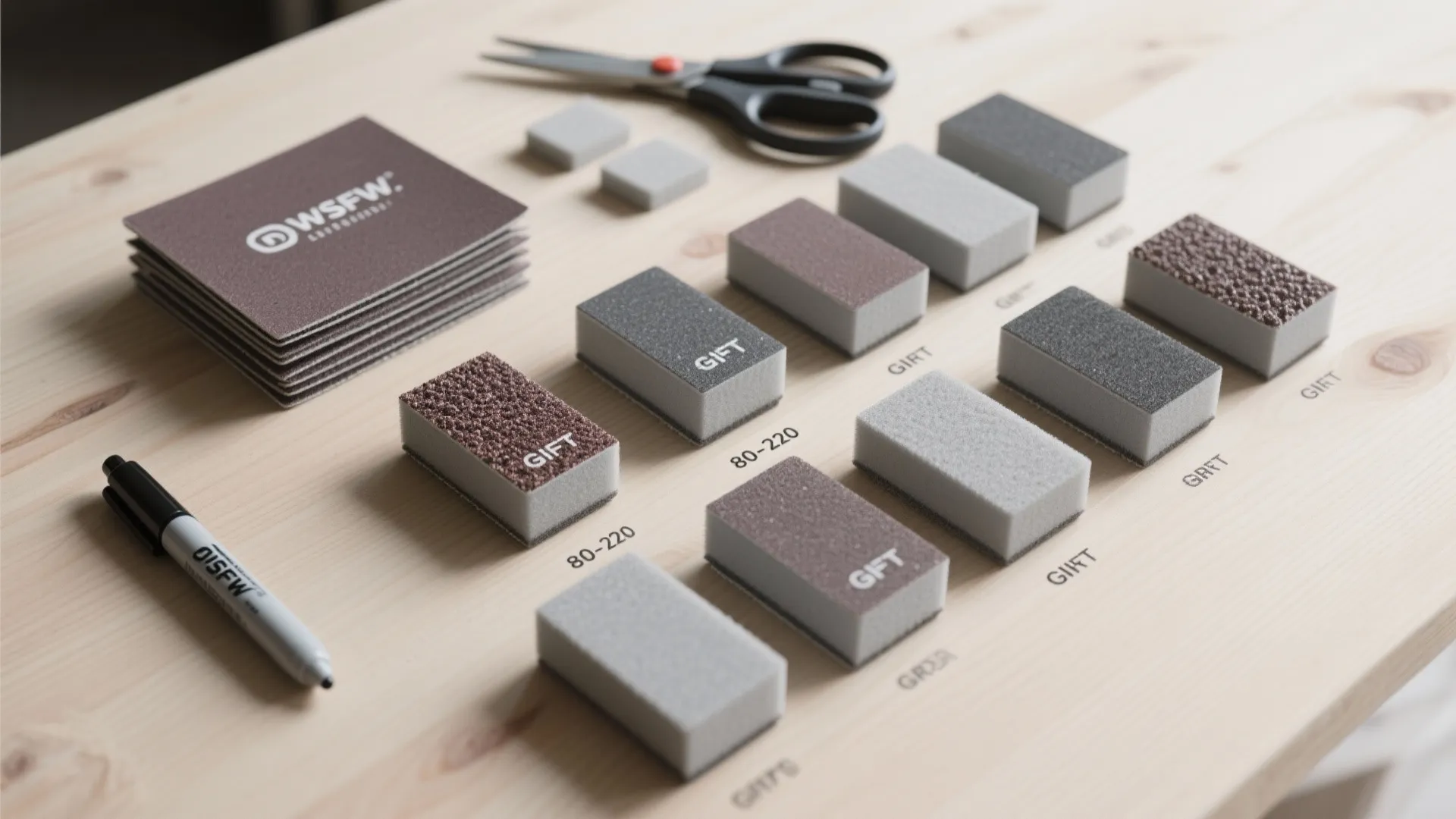 Sanding sponges and paper samples arranged on a light wood table with scissors and marker