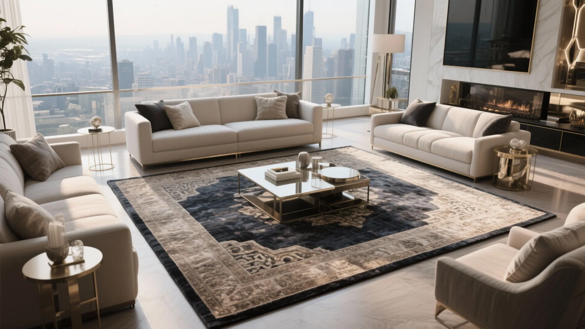 Custom cut and bound rug in a stylish penthouse living room