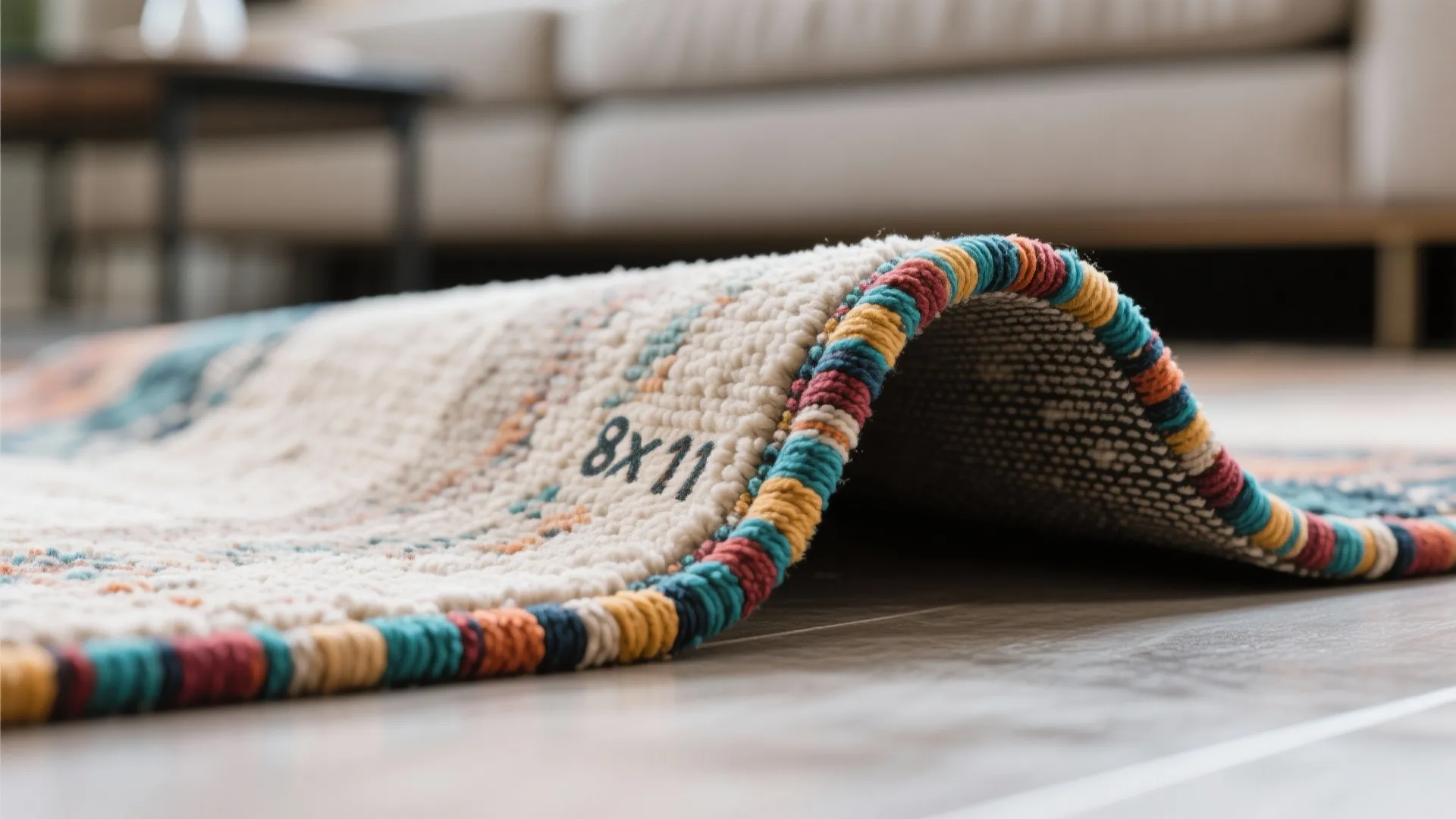 Close up of patterned rug edge with colorful stitching showing size eight by eleven mark