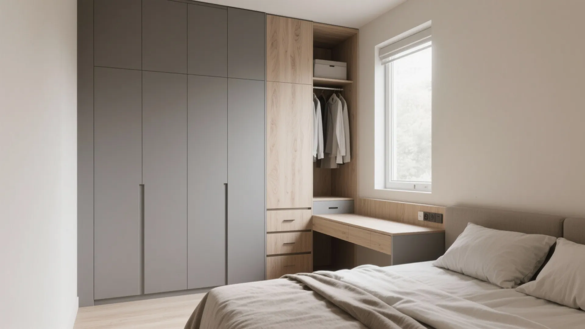 Modern bedroom with grey cabinet and wooden storage units integrated with a functional study desk