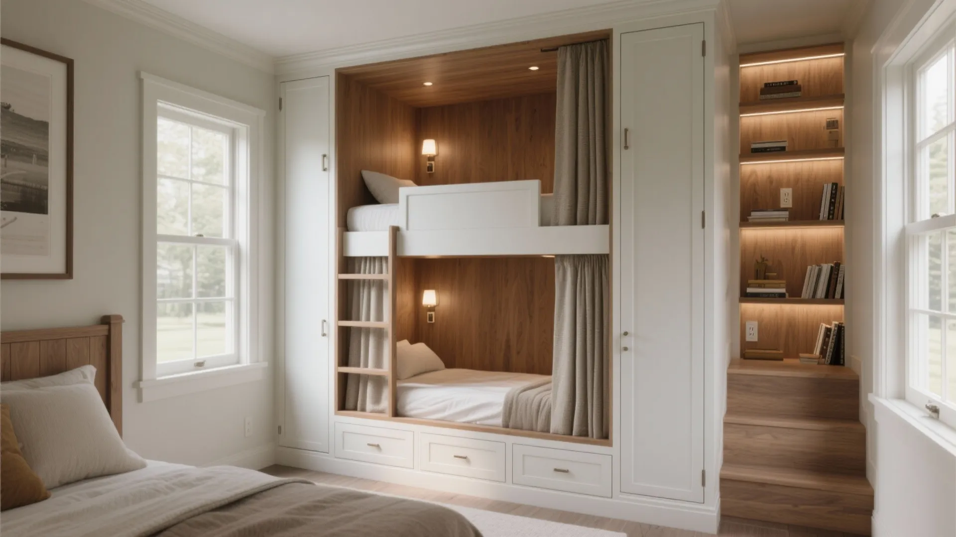 White built in bunk bed with wooden walls curtains wall lights and storage drawers stairs