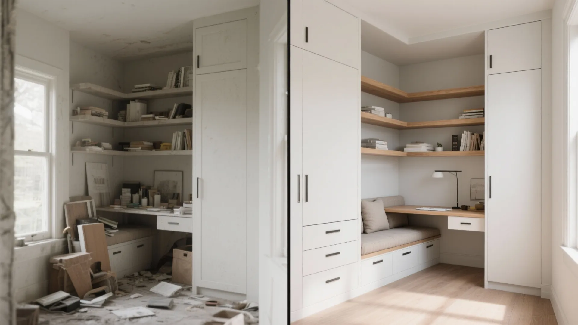 Before and after comparison showing messy home office versus clean custom white cabinet room layout
