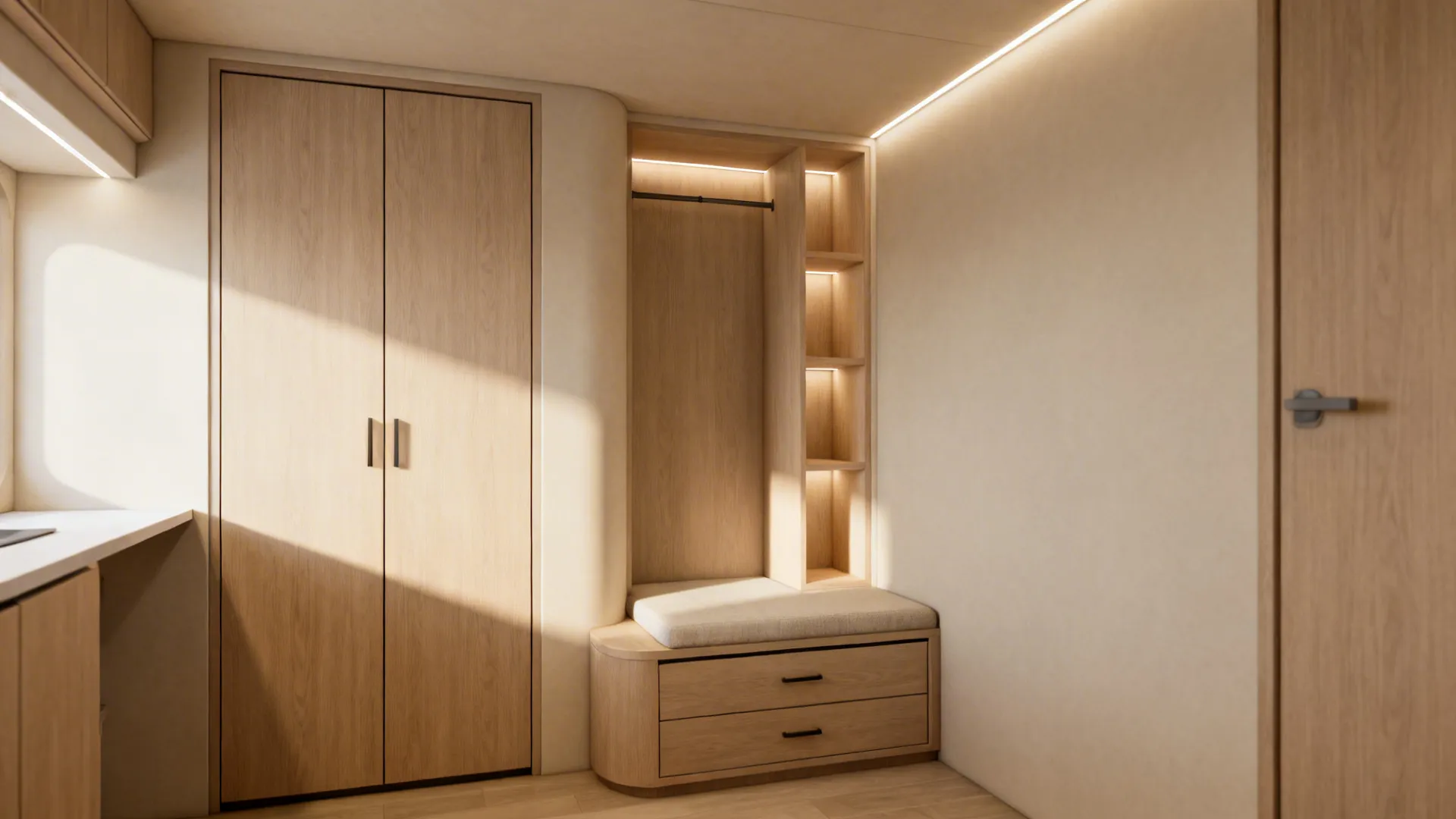 Corner of a tiny home with recessed wardrobe, built-in bench with storage, and niche shelves.