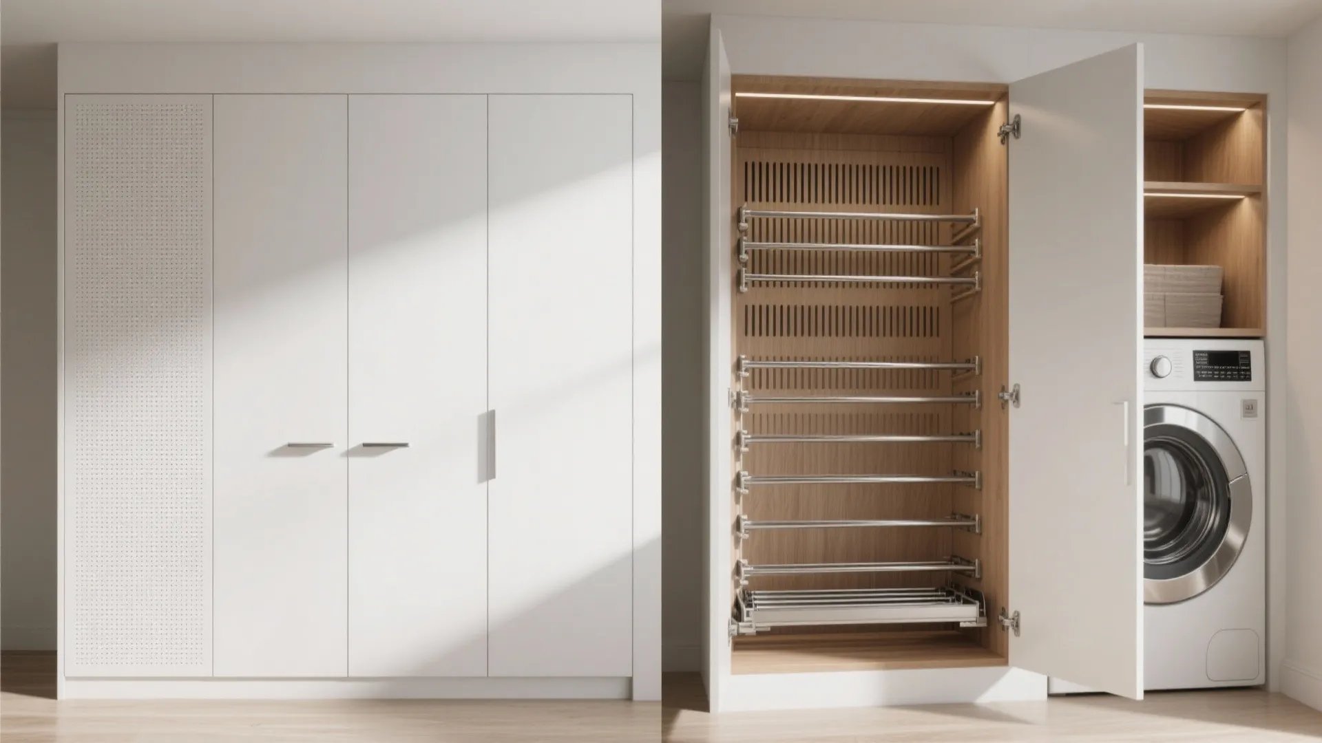 White laundry room cabinet with open doors showing drying racks next to a washing machine