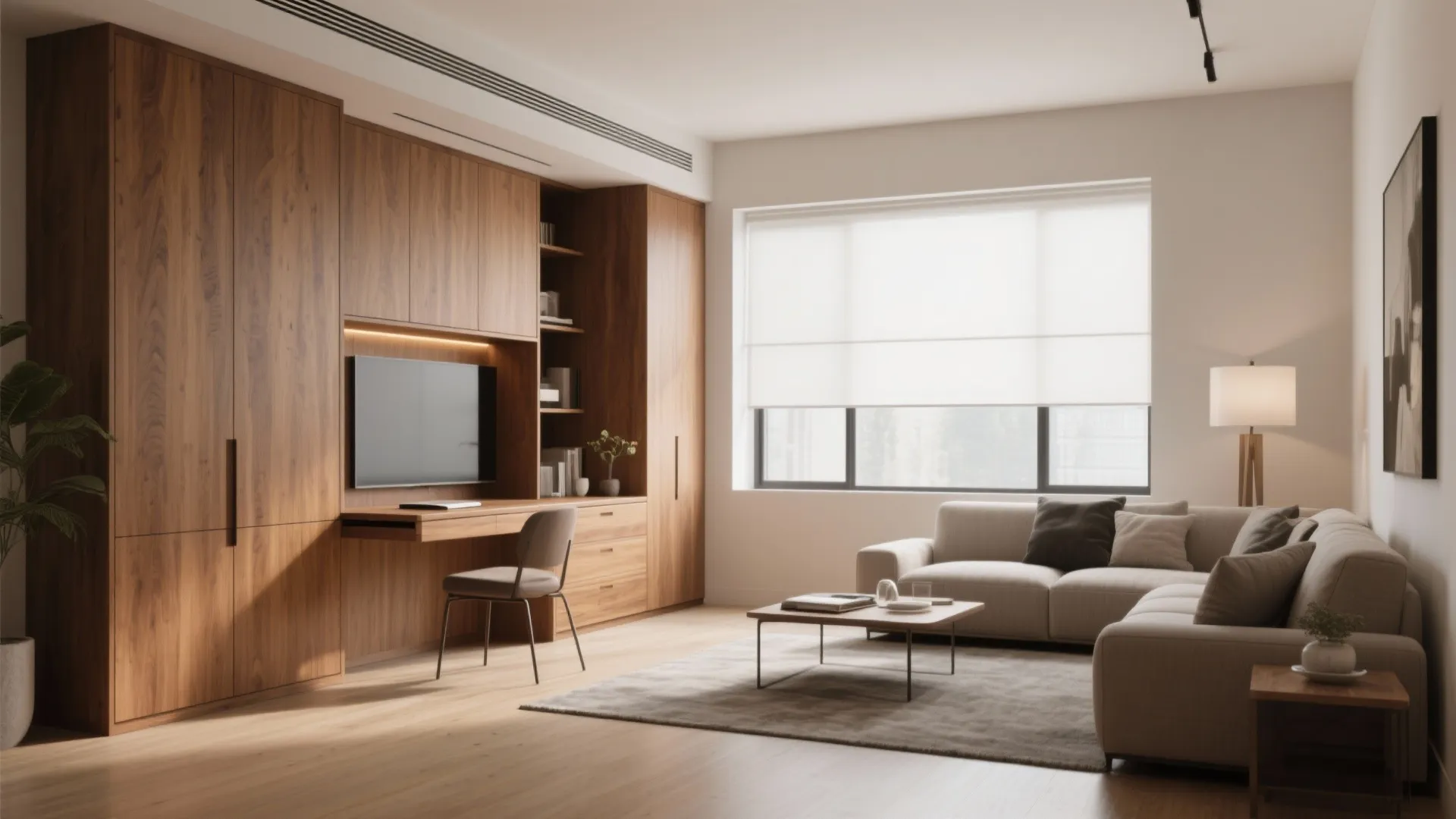 Minimalist room with wooden wall cabinet integrated desk space grey sofa and a large window