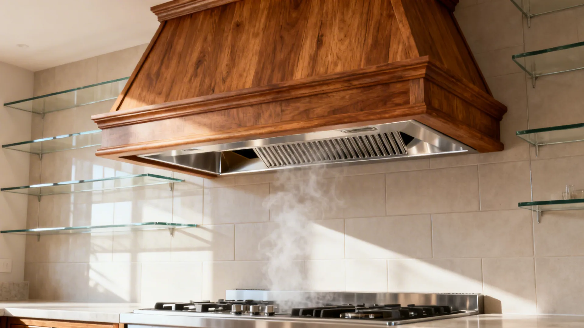 Custom oak canopy with a stainless ducted hood insert above a range.