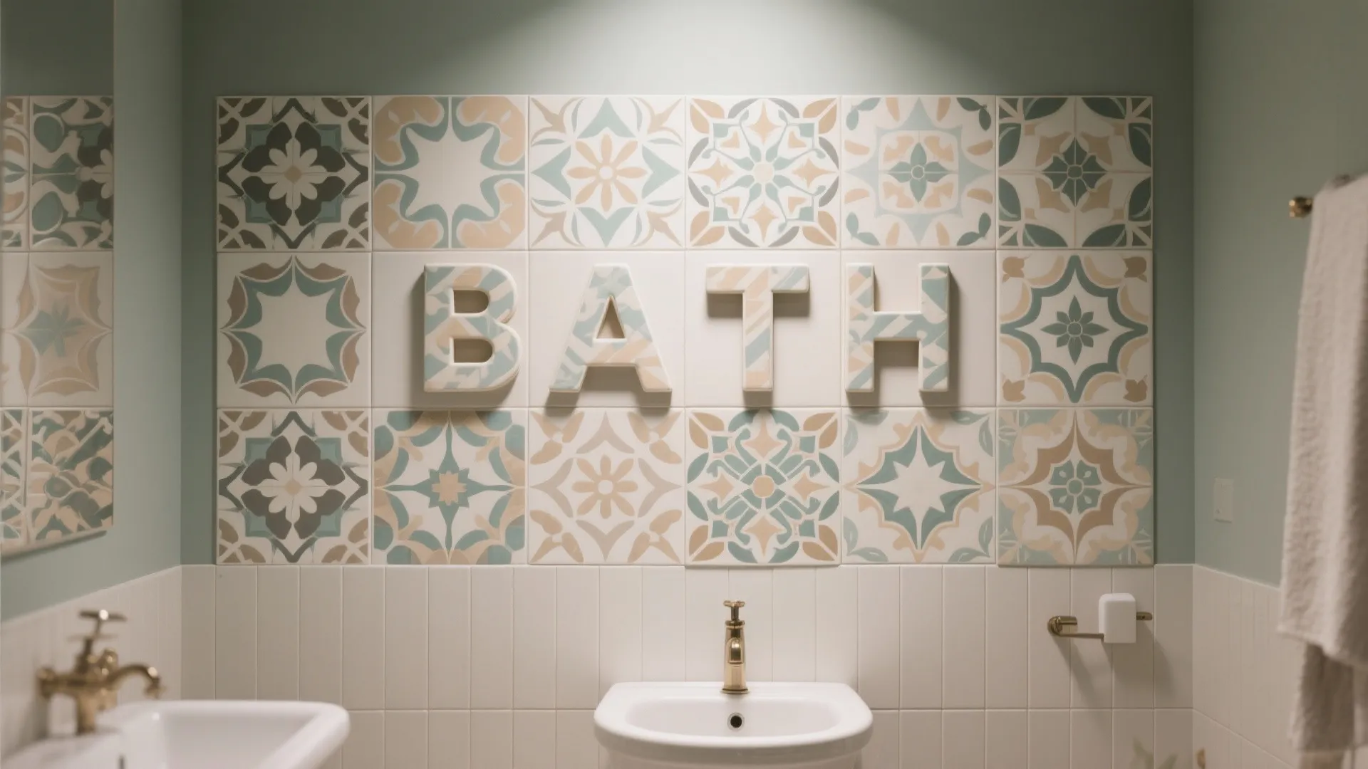 Bathroom wall with patterned tiles spelling bath in large letters above a white ceramic sink