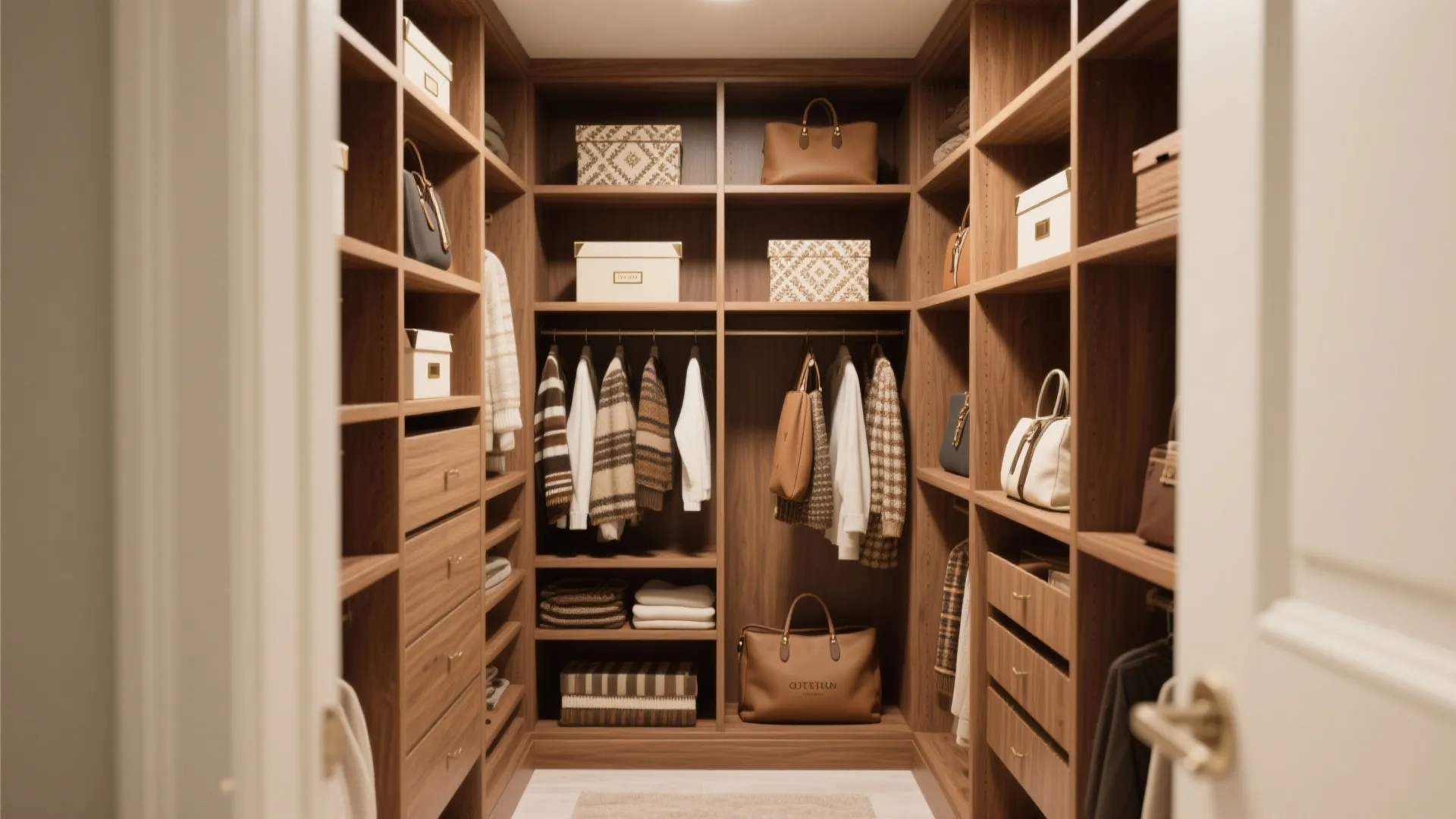 Custom walk-in wooden closet with open shelves and drawers for organized bags clothes and storage boxes