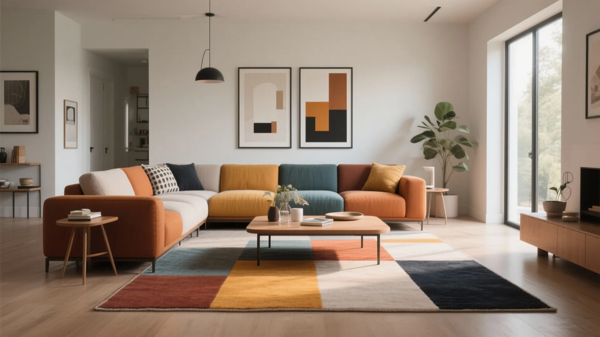 Modern living room with a colorful block rug, large orange sofa, wooden coffee table, and art