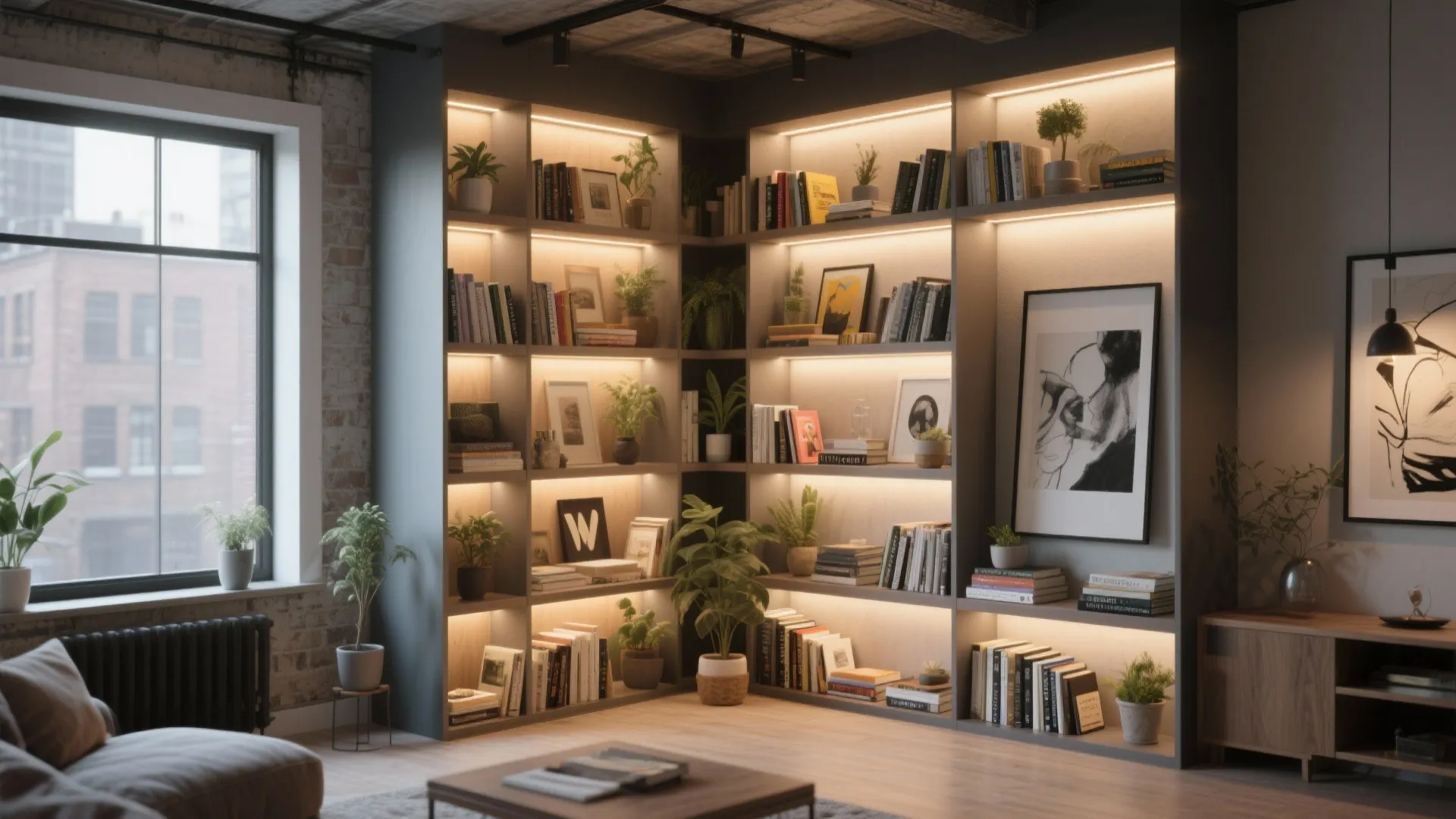 Floor-to-ceiling corner shelves with warm lighting