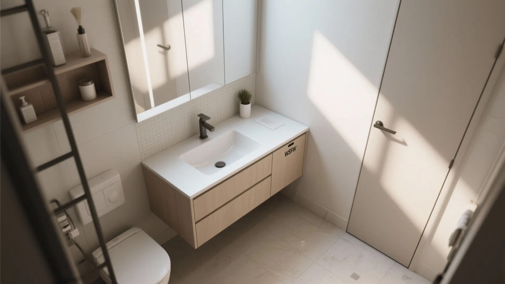 Top view of a small bathroom showing a white sink cabinet and wall mounted mirror
