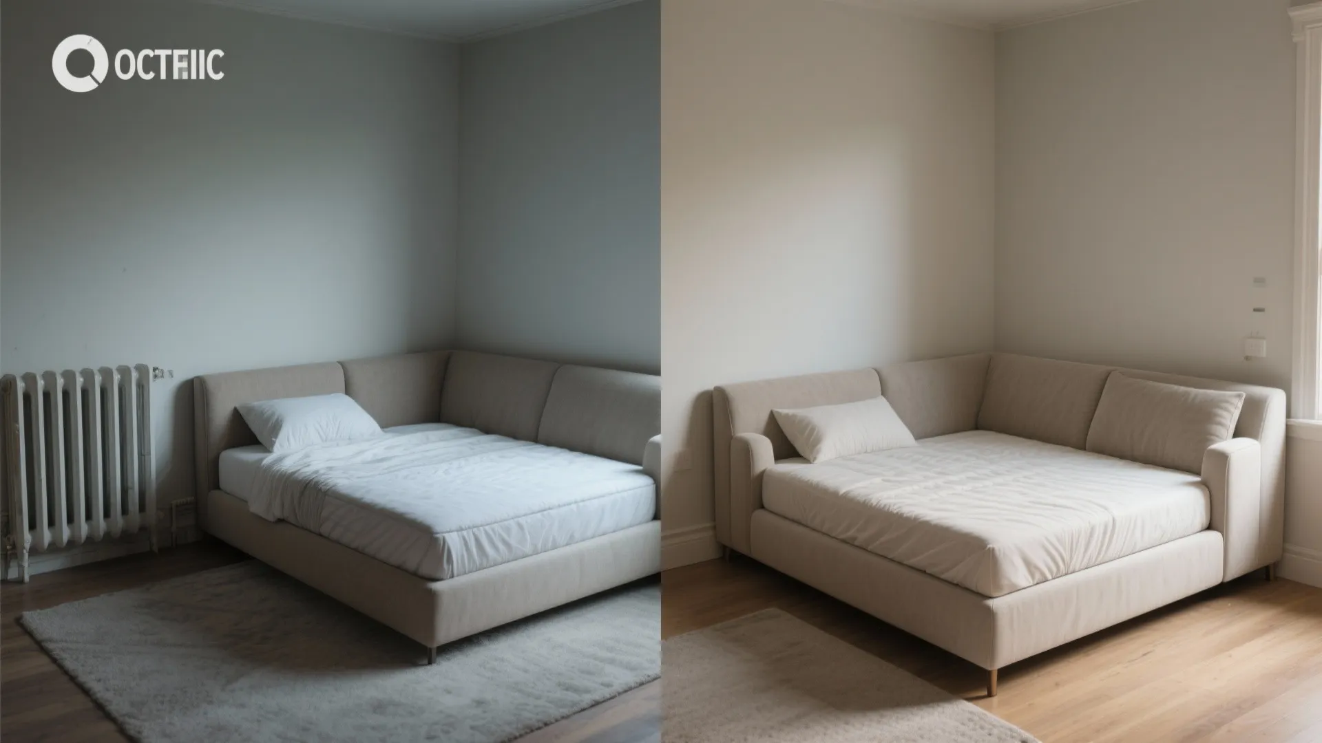 Before and after comparison of a custom corner sofa bed in a small room corner
