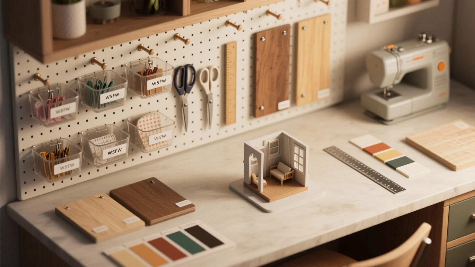 5. Custom counter with pegboard, bins, and a 3D preview