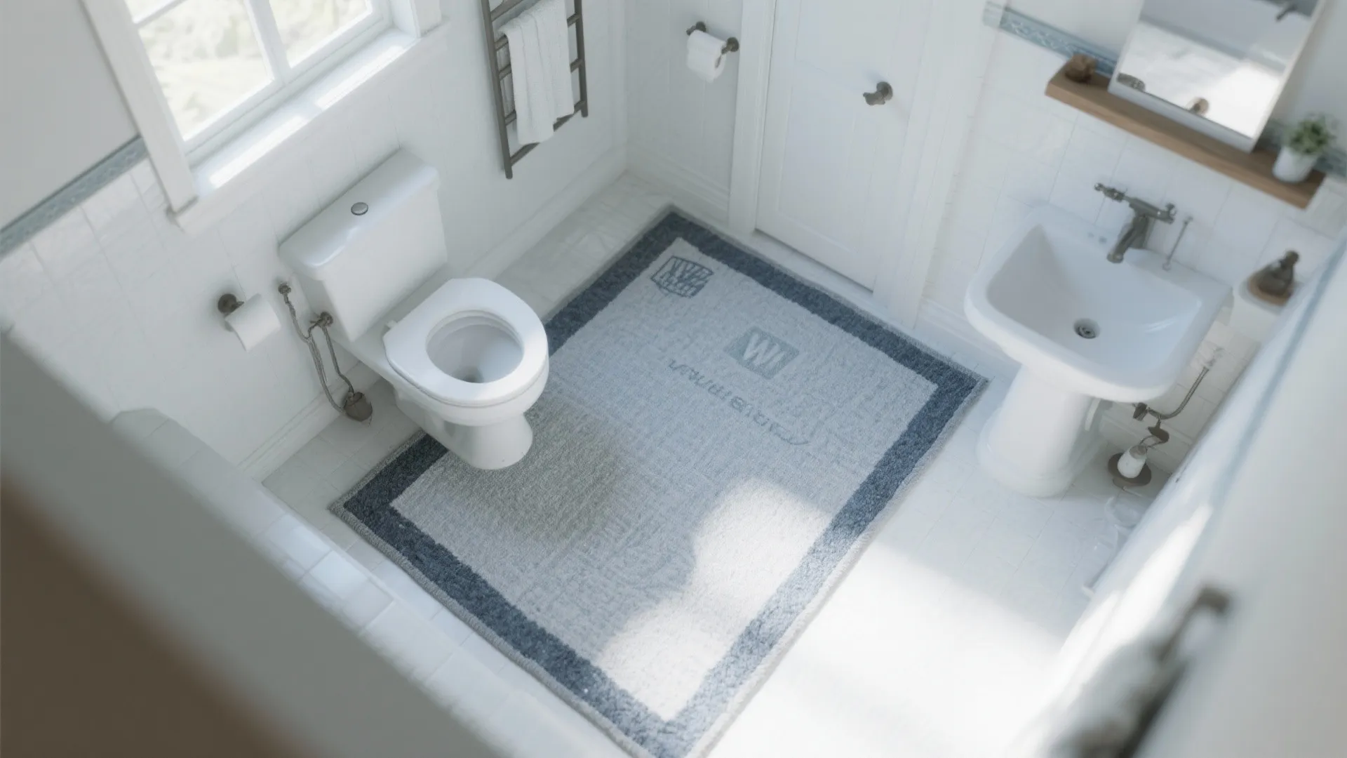 Top view of white bathroom showing toilet sink and large grey rug with blue border