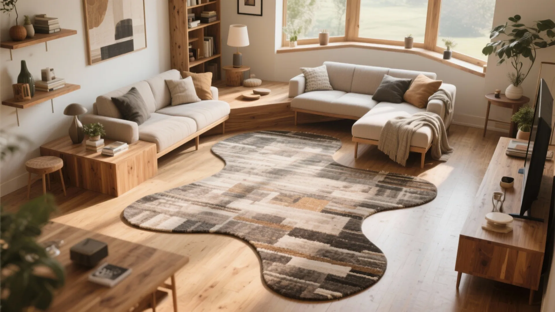 Sunlight living room with unique shaped rug two beige sofas wooden furniture and large bay windows