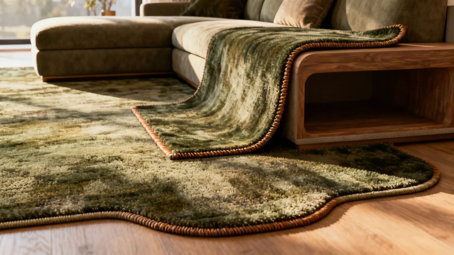 Custom-cut rug precisely following an odd sectional shape in a corner chaise layout