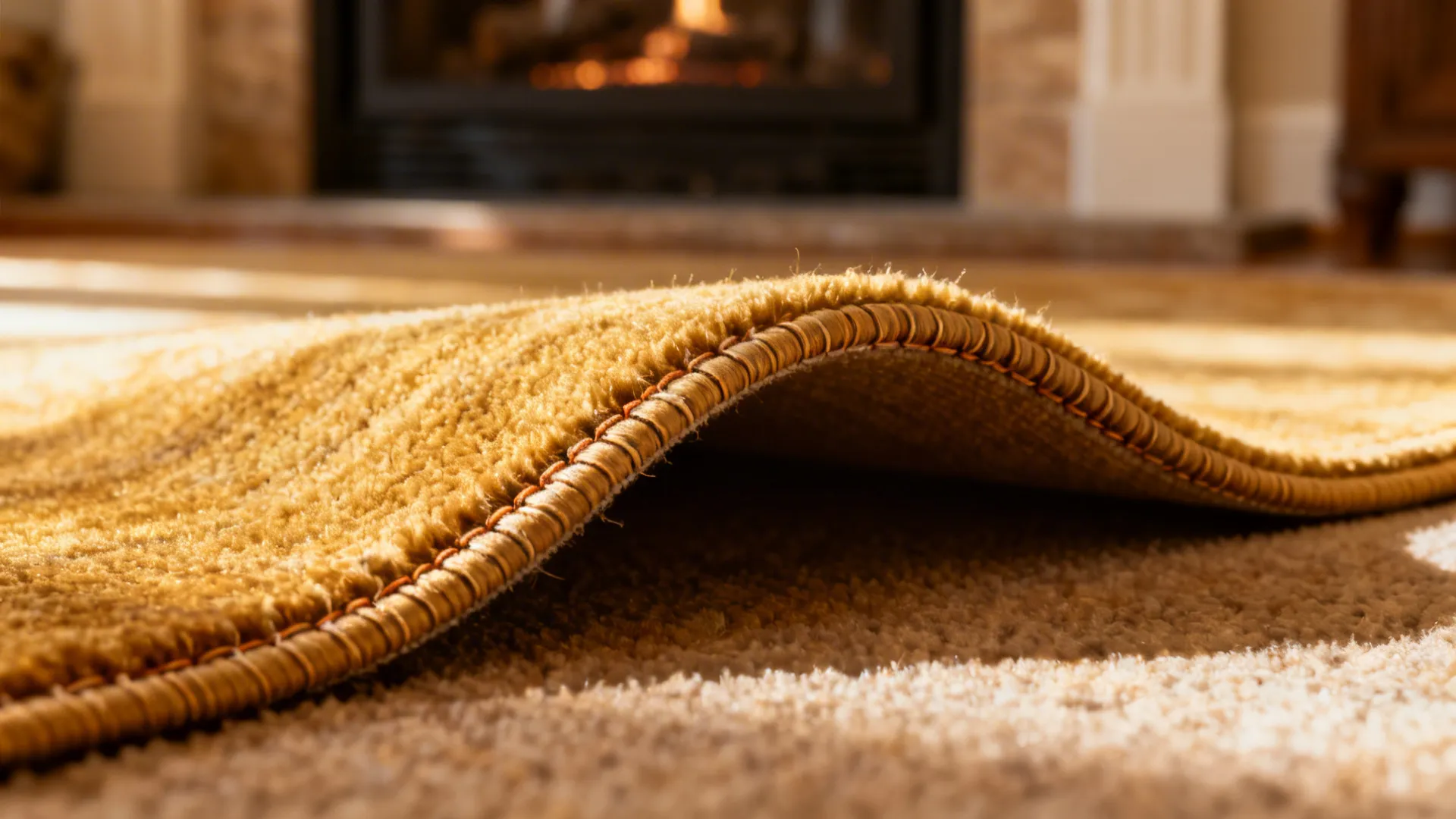 Close-up of a custom-cut rug edge fitted to a curved hearth showing detailed trim