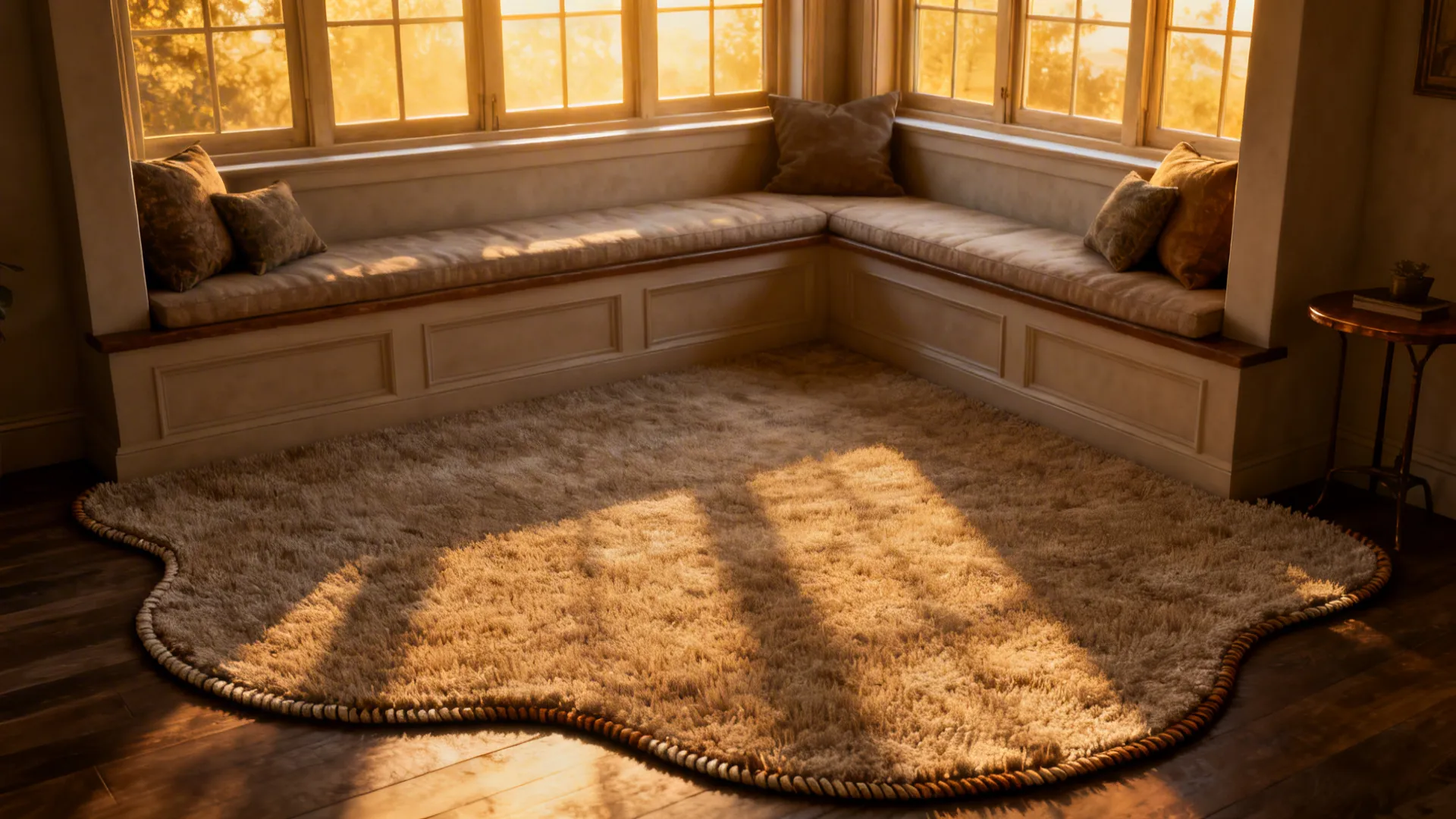 Custom-cut rug shaped to fit an L-shaped alcove around a built-in bench, creating a cozy nook.