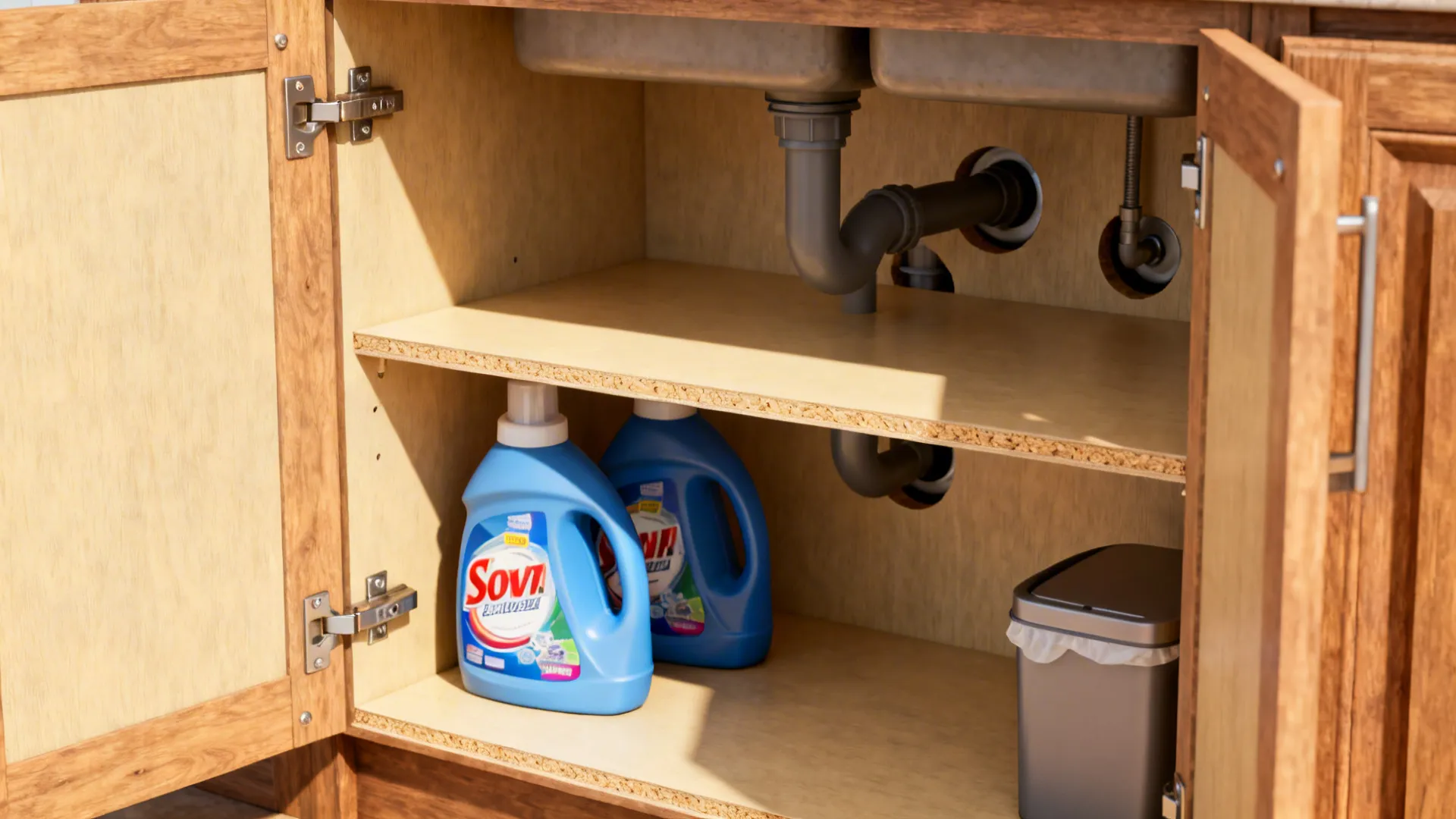 Custom two-tier shelves with cutouts fitted around pipes, storing bulk detergent and a small bin.