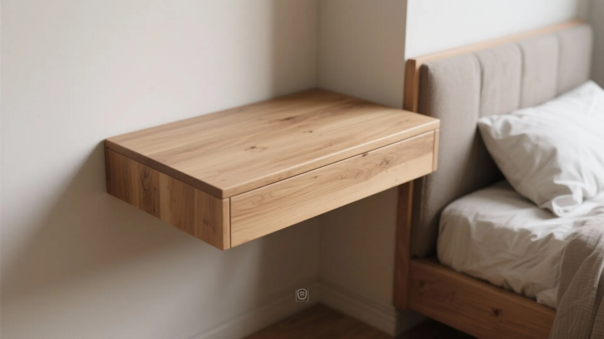 Macro detail of a custom-fitted wooden desk in a bedroom