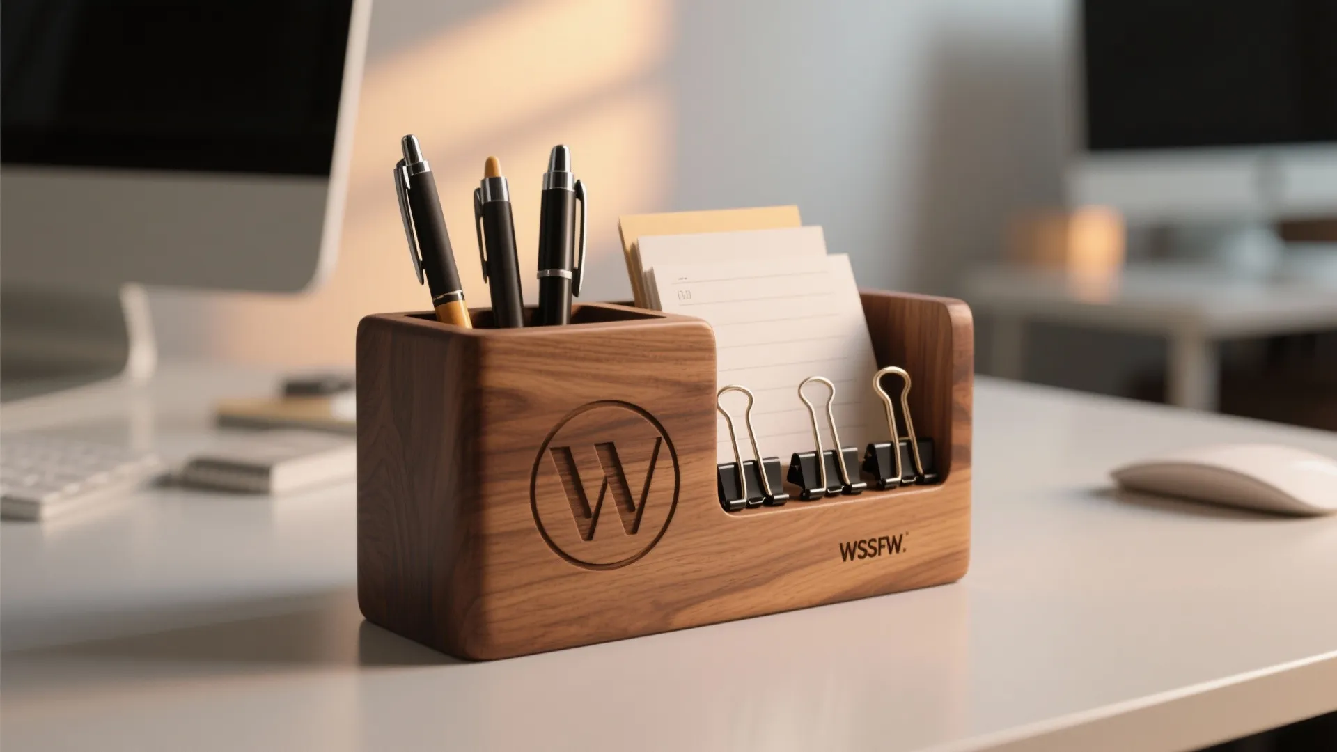 Wooden desk organizer holding pens and notes on a white desk in a sunny office