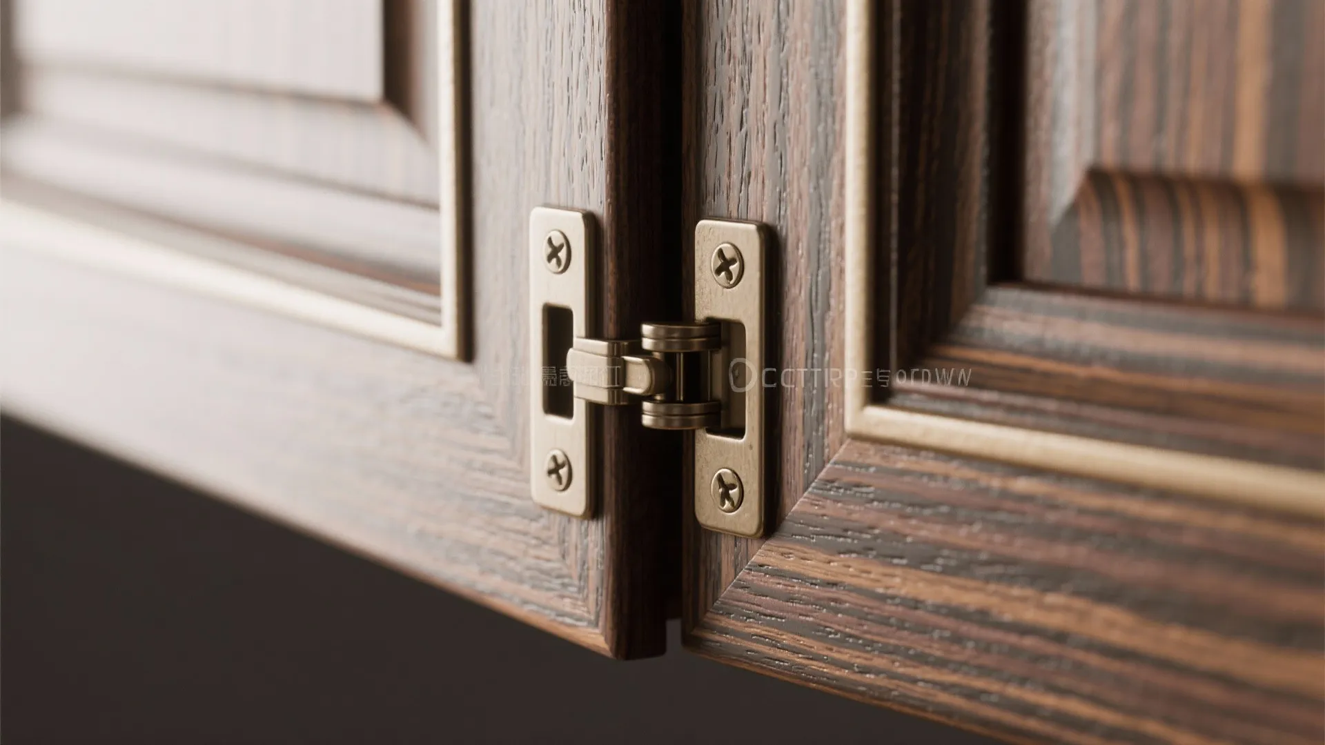 Close-up of a metal hinge attached to a dark wood cabinet door with detailed texture