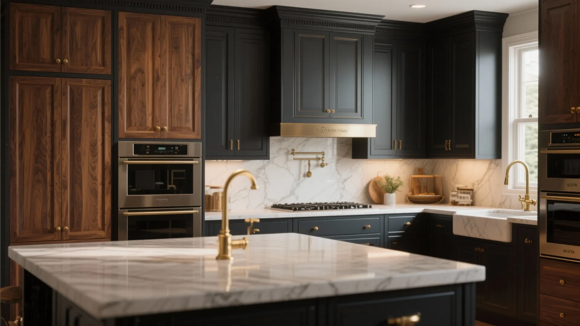 Modern kitchen with black and wood cabinets marble countertops gold faucets and marble kitchen island