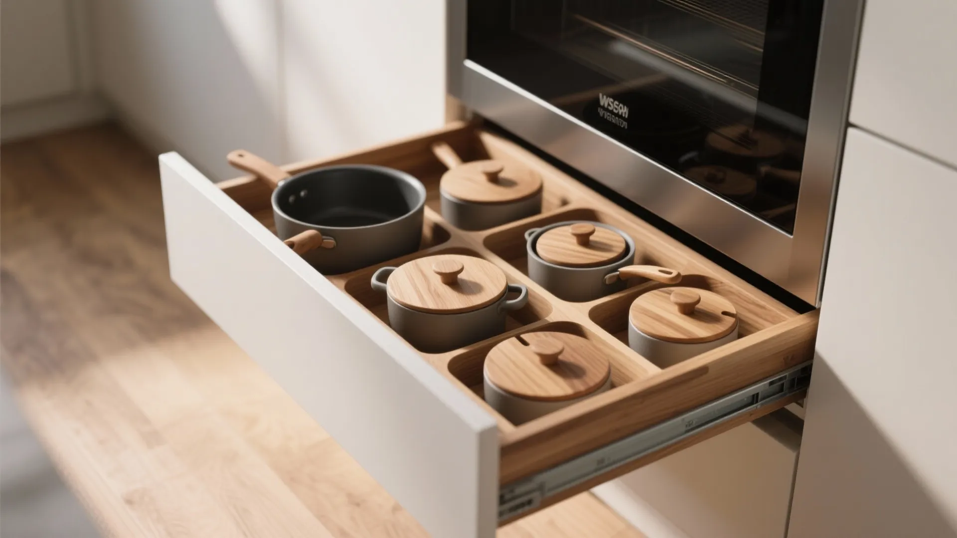 Open kitchen drawer featuring custom wood dividers to store grey pots with wooden lids neatly