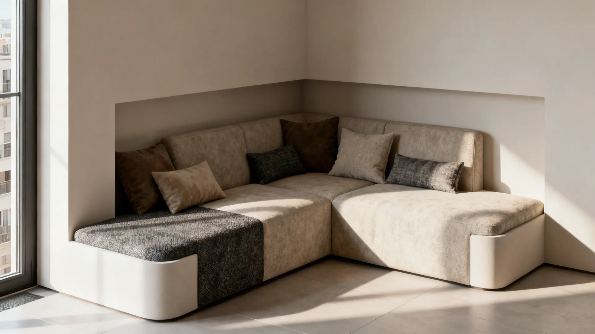 Custom L-shaped sofa perfectly fitted into an awkward apartment corner for optimized space use.