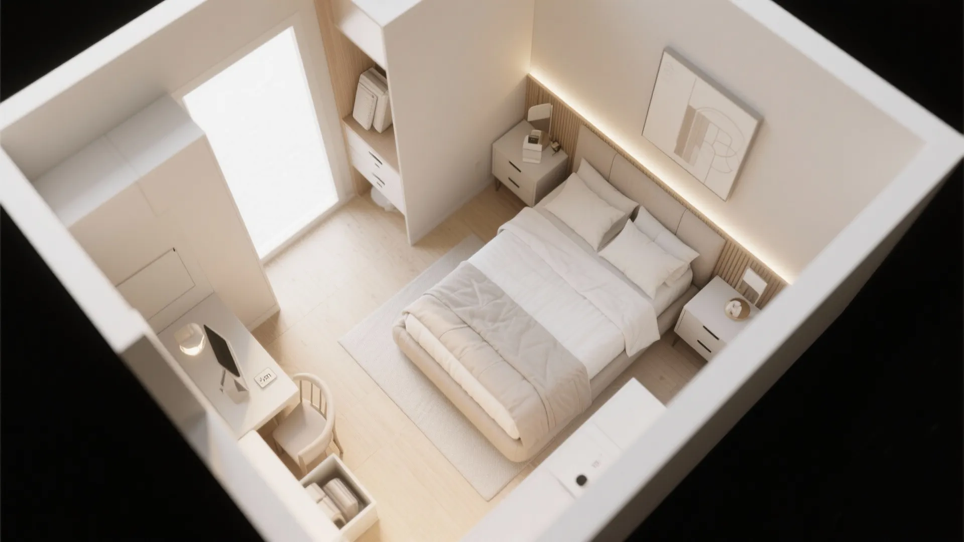 Top view interior design drawing of a minimalist bedroom with bed, side tables, and work desk