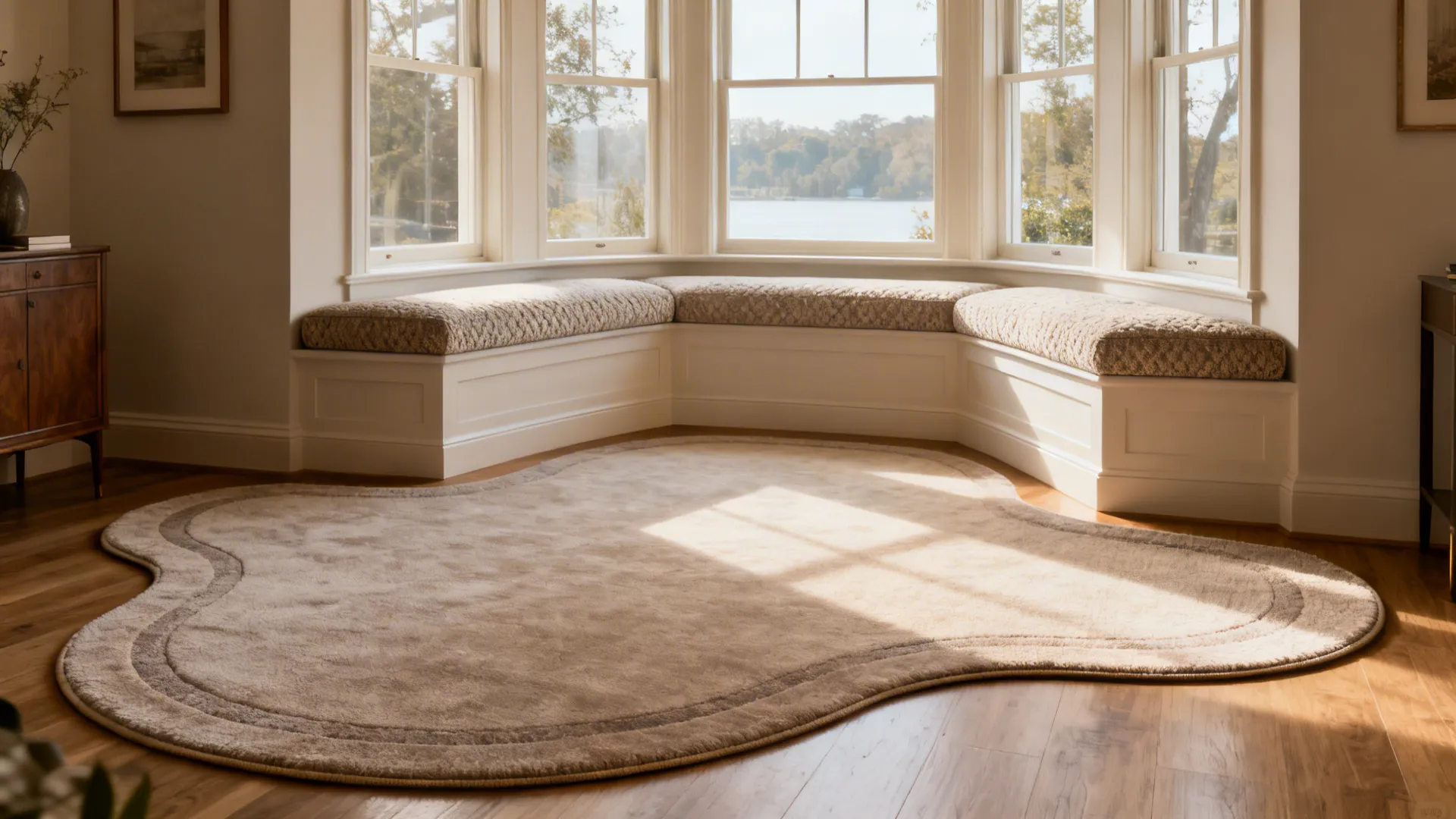 Bright room with large bay windows seating bench and unique shaped soft beige area rug