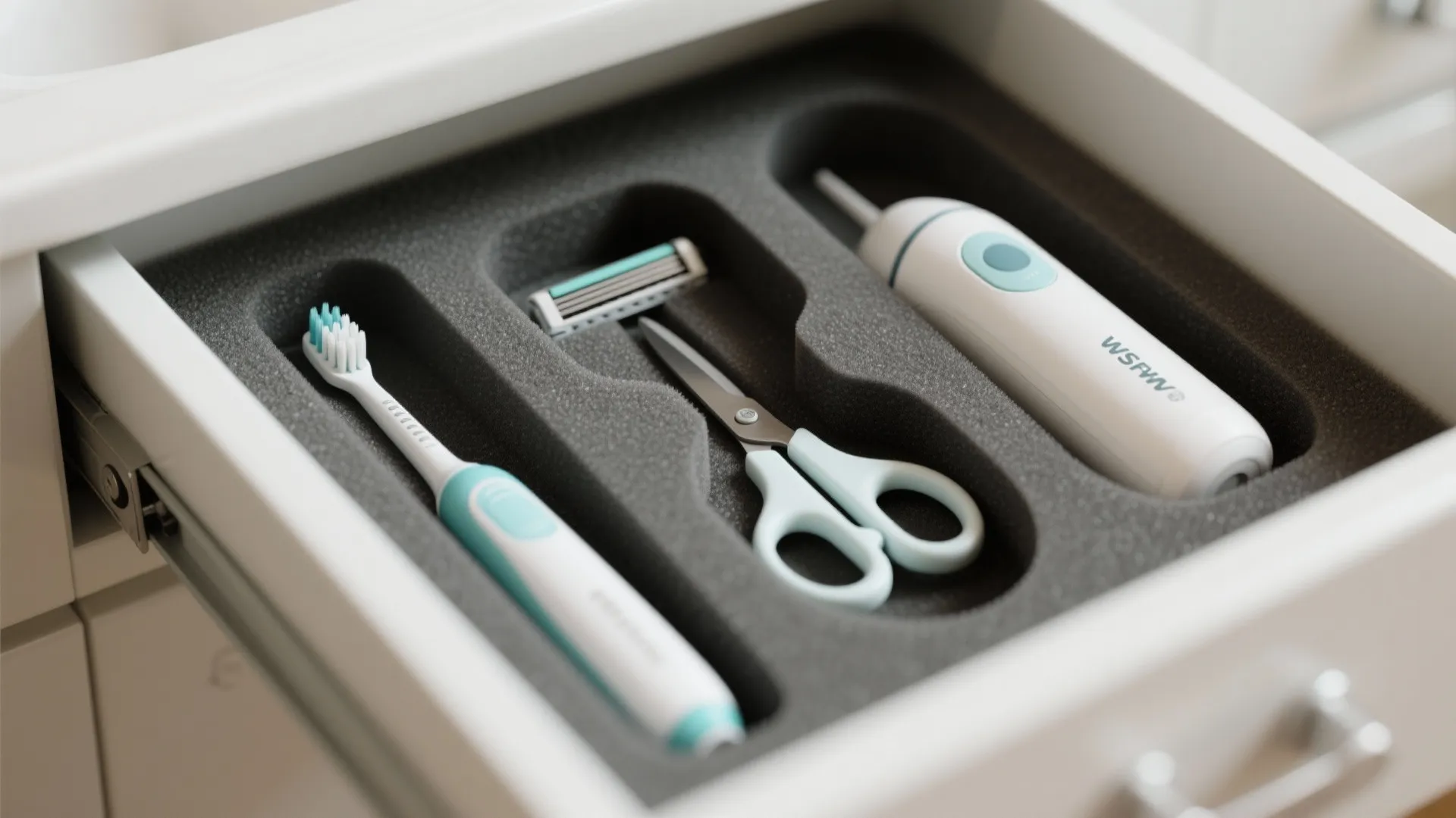 Bathroom drawer with custom foam cutouts holding an electric toothbrush razor scissors and dental tool