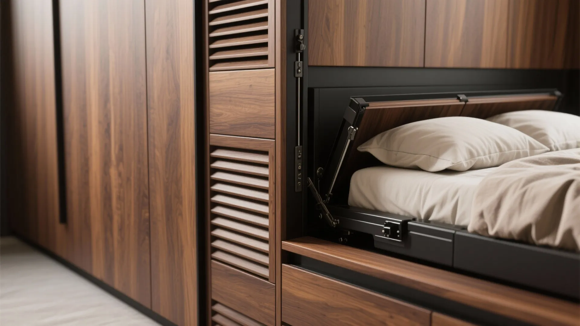 Close up of a wooden wall bed mechanism with white pillows and matching dark wood cabinets