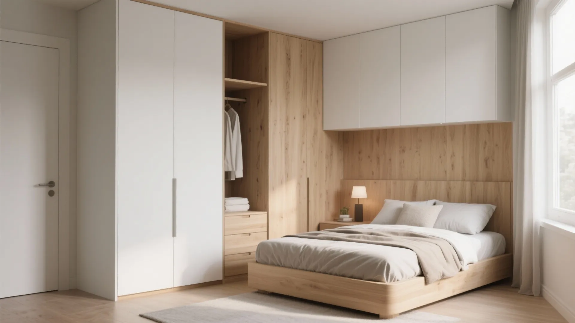 Small bedroom with custom built wardrobe around the bed