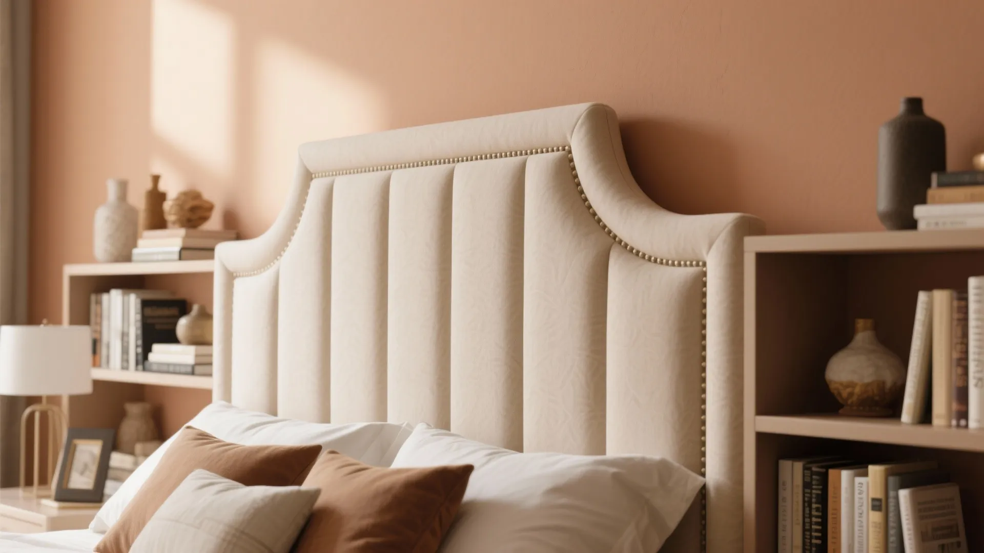 Close-up of custom headboard with built-in storage shelves