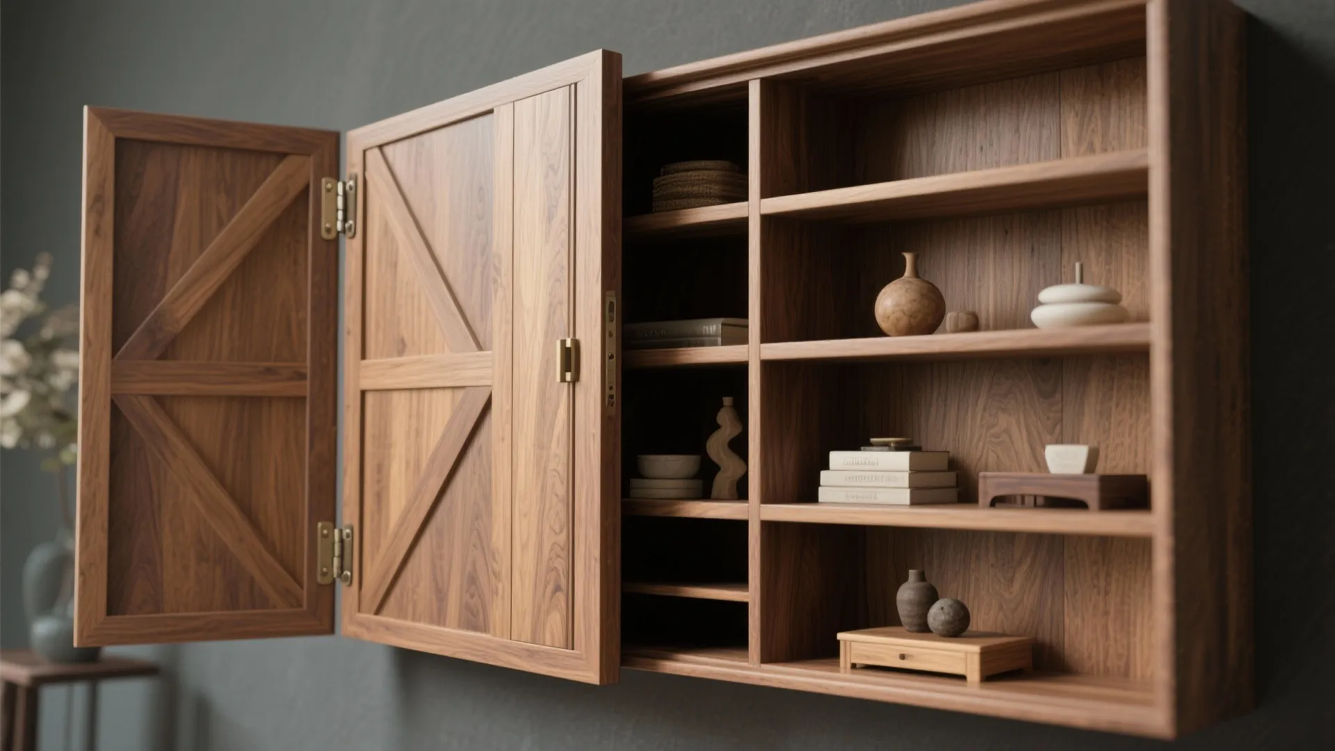 Custom folding panel opened to show recessed shelves and hidden storage with fine wood joinery.