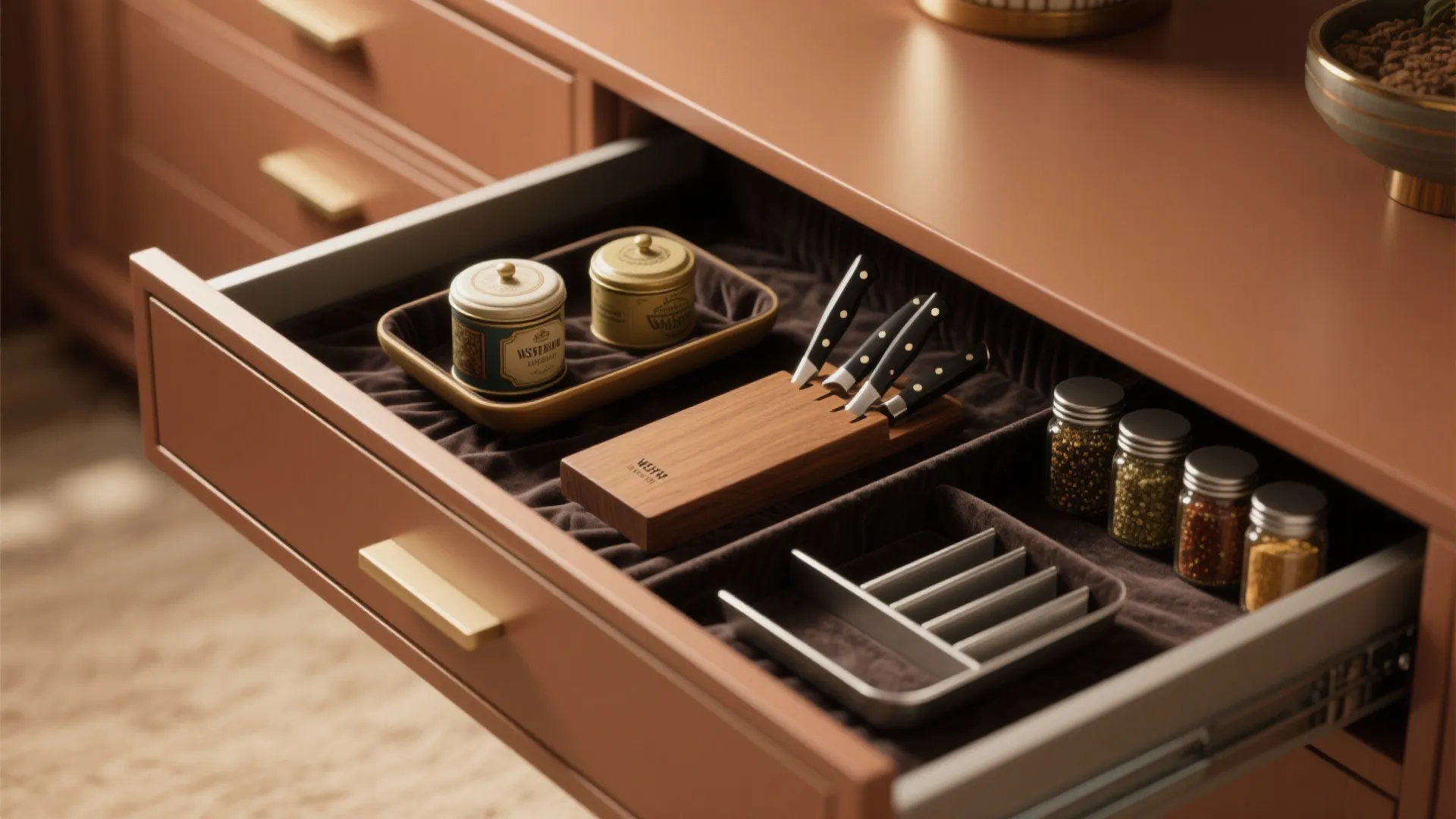 Close up of an open kitchen drawer with organized sections for knives jars and containers
